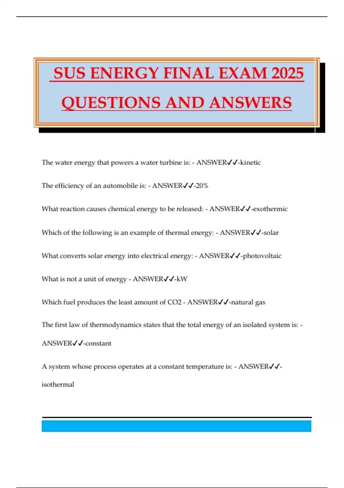SUS ENERGY FINAL EXAM 2025 QUESTIONS AND ANSWERS - Sus - Stuvia US