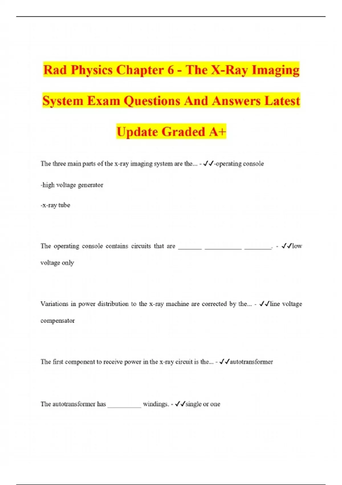 Rad Physics Chapter 6 - The X-Ray Imaging System Exam Questions And ...
