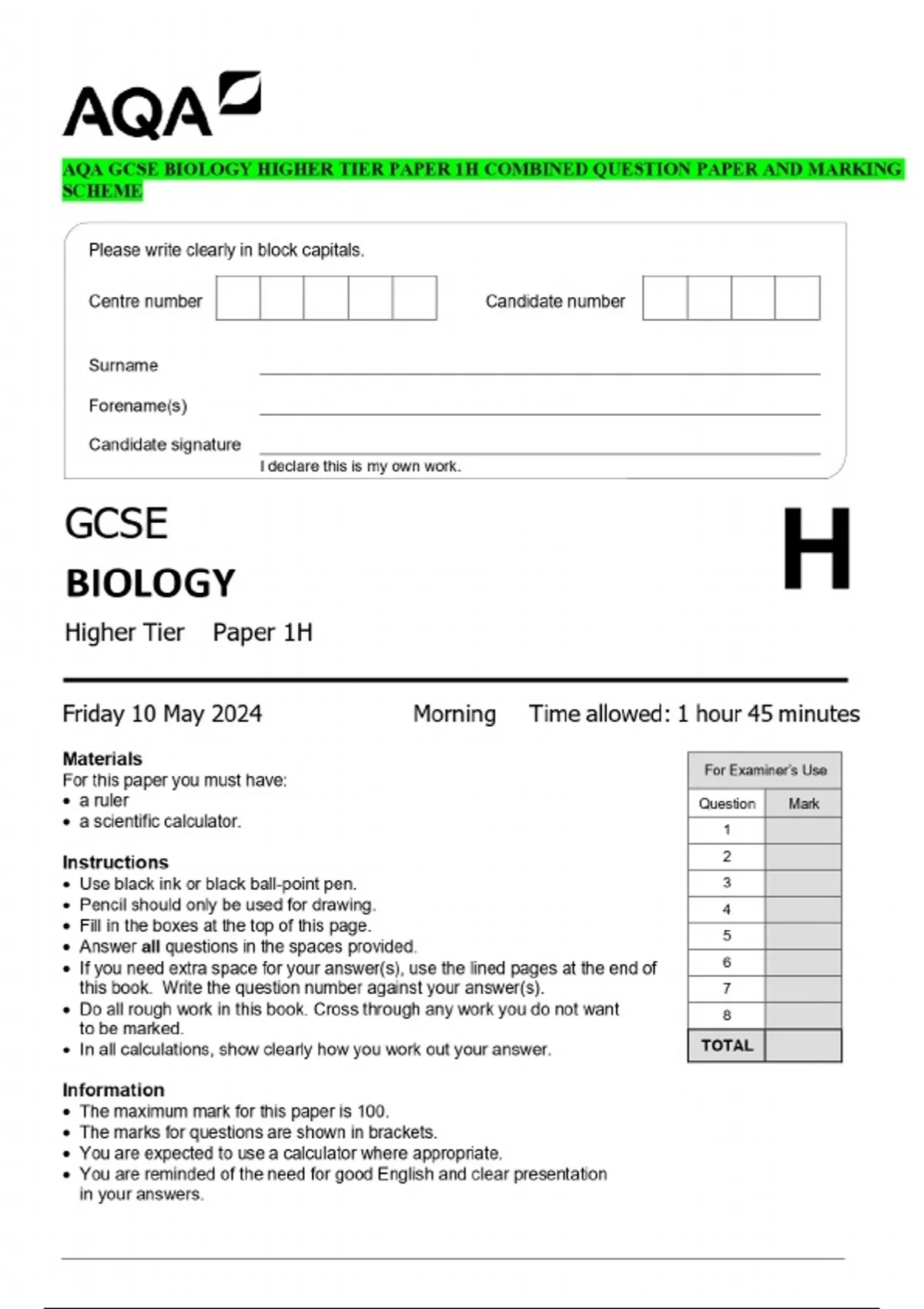 AQA GCSE BIOLOGY HIGHER TIER PAPER 1H COMBINED QUESTION PAPER AND ...