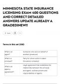 MINNESOTA STATE INSURANCE LICENSING EXAM 400 QUESTIONS AND CORRECT DETAILED ANSWERS UPDATE ALREADY A GRADED&vert;NEW&excl;&excl;