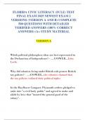 FLORIDA CIVIC LITERACY &lpar;FCLE&rpar; TEST  FINAL EXAM 2025 NEWEST EXAM 2  VERSIONS &lpar;VERSION A AND B&rpar; COMPLETE  500 QUESTIONS WITH DETAILED  VERIFIED ANSWERS &lpar;100&percnt; CORRECT  ANSWERS&rpar; &sol;A&plus; STUDY MATERIAL