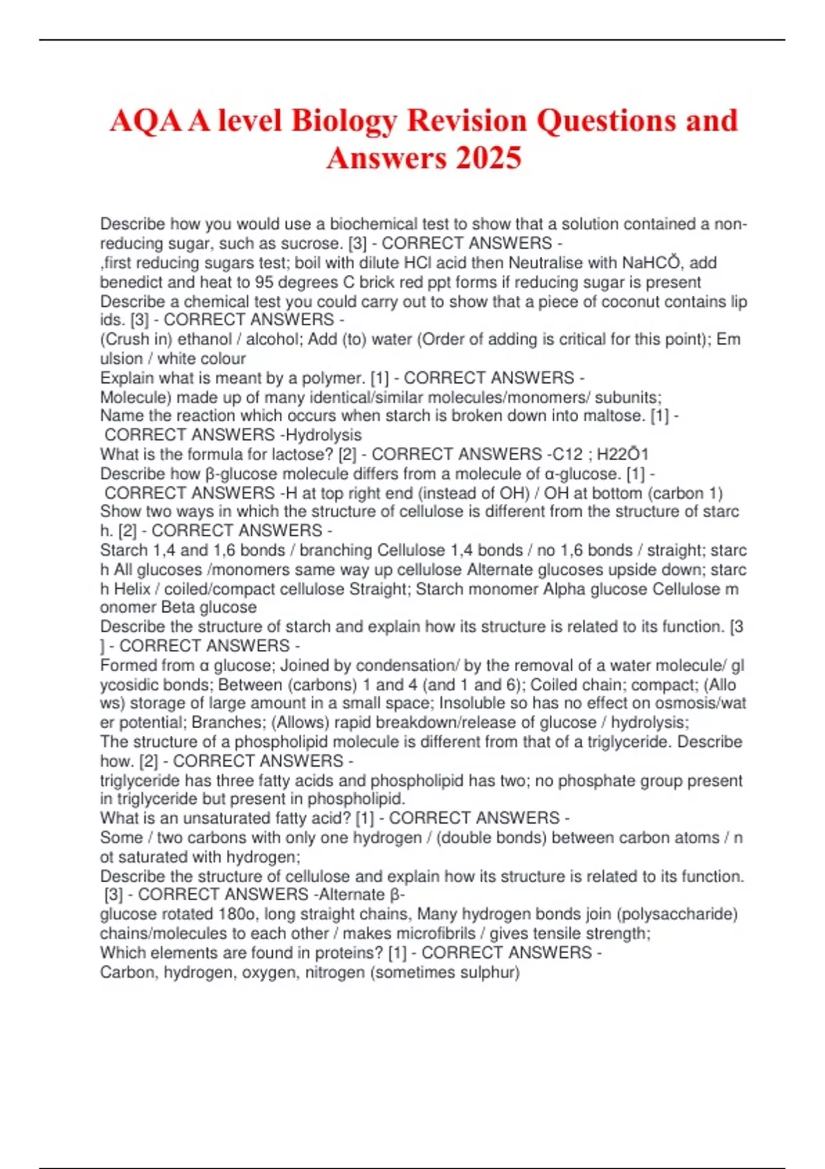 AQA A level Biology Revision Questions and Answers 2025 - AQA AS LEVEL ...