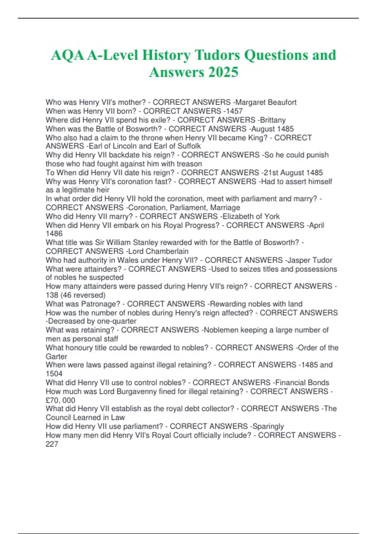 AQA A-Level History Tudors Questions and Answers 2025 - AQA A-Level ...