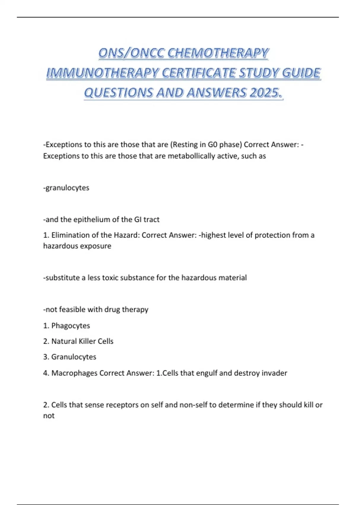 ONS/ONCC CHEMOTHERAPY IMMUNOTHERAPY CERTIFICATE STUDY GUIDE QUESTIONS ...