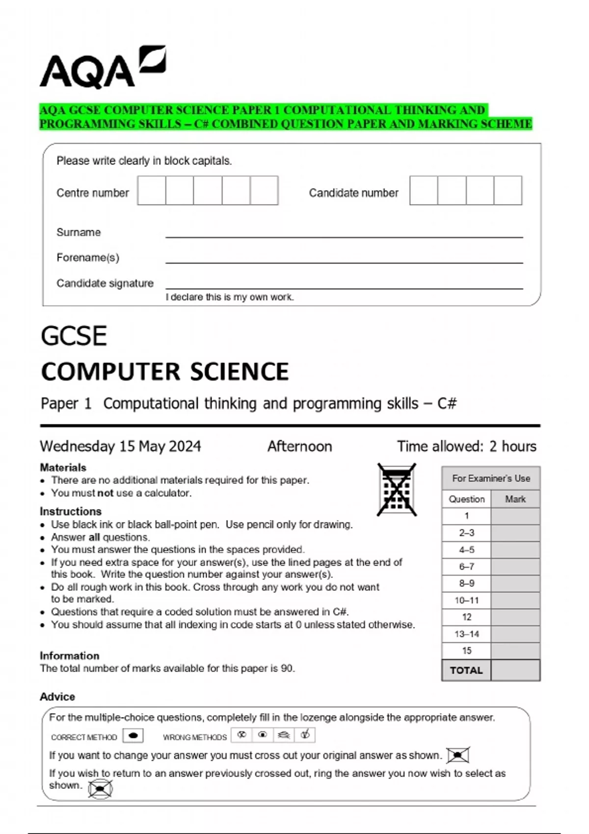 AQA GCSE COMPUTER SCIENCE PAPER 1 COMPUTATIONAL THINKING AND ...