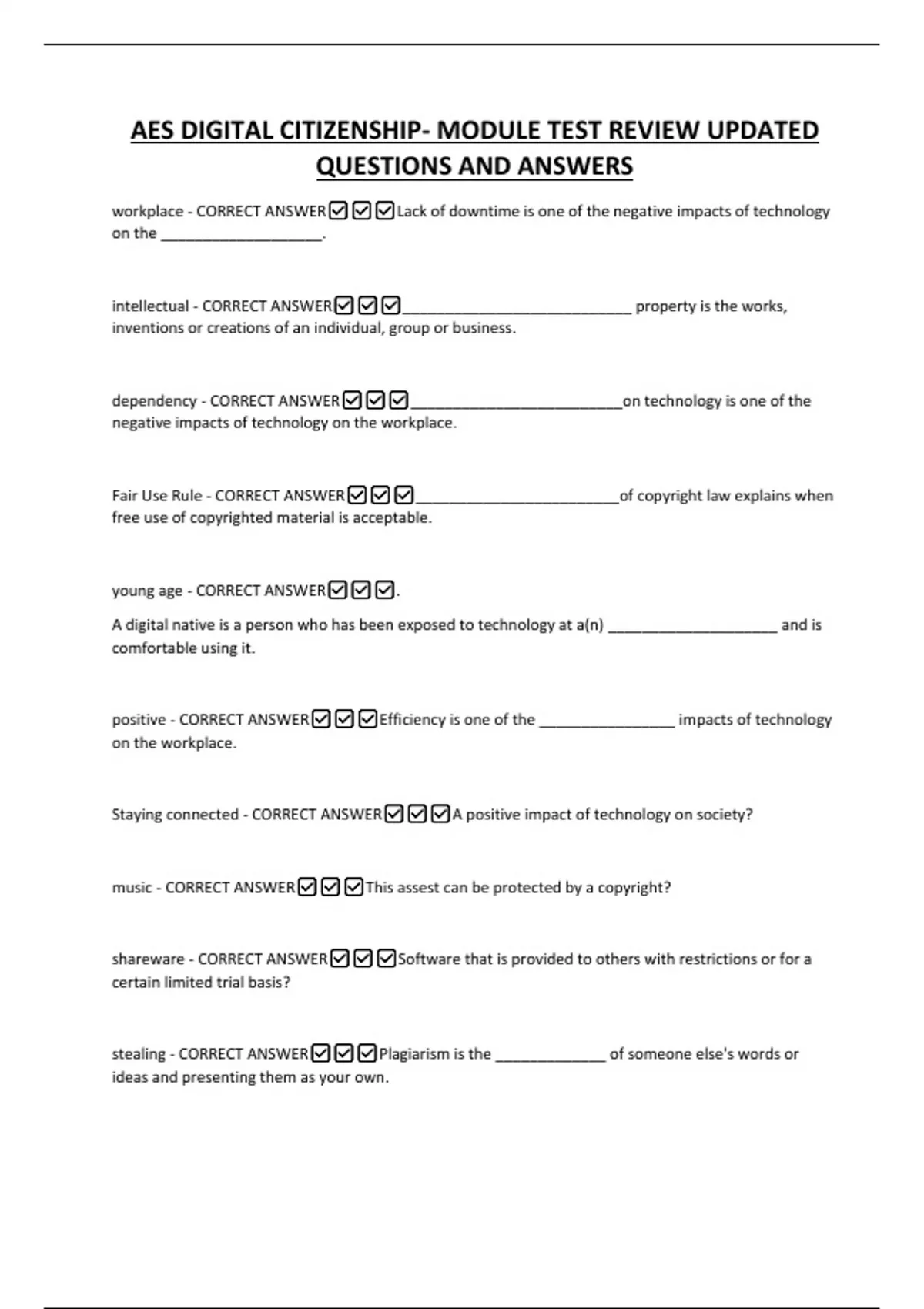 AES DIGITAL CITIZENSHIP- MODULE TEST REVIEW UPDATED QUESTIONS AND ...