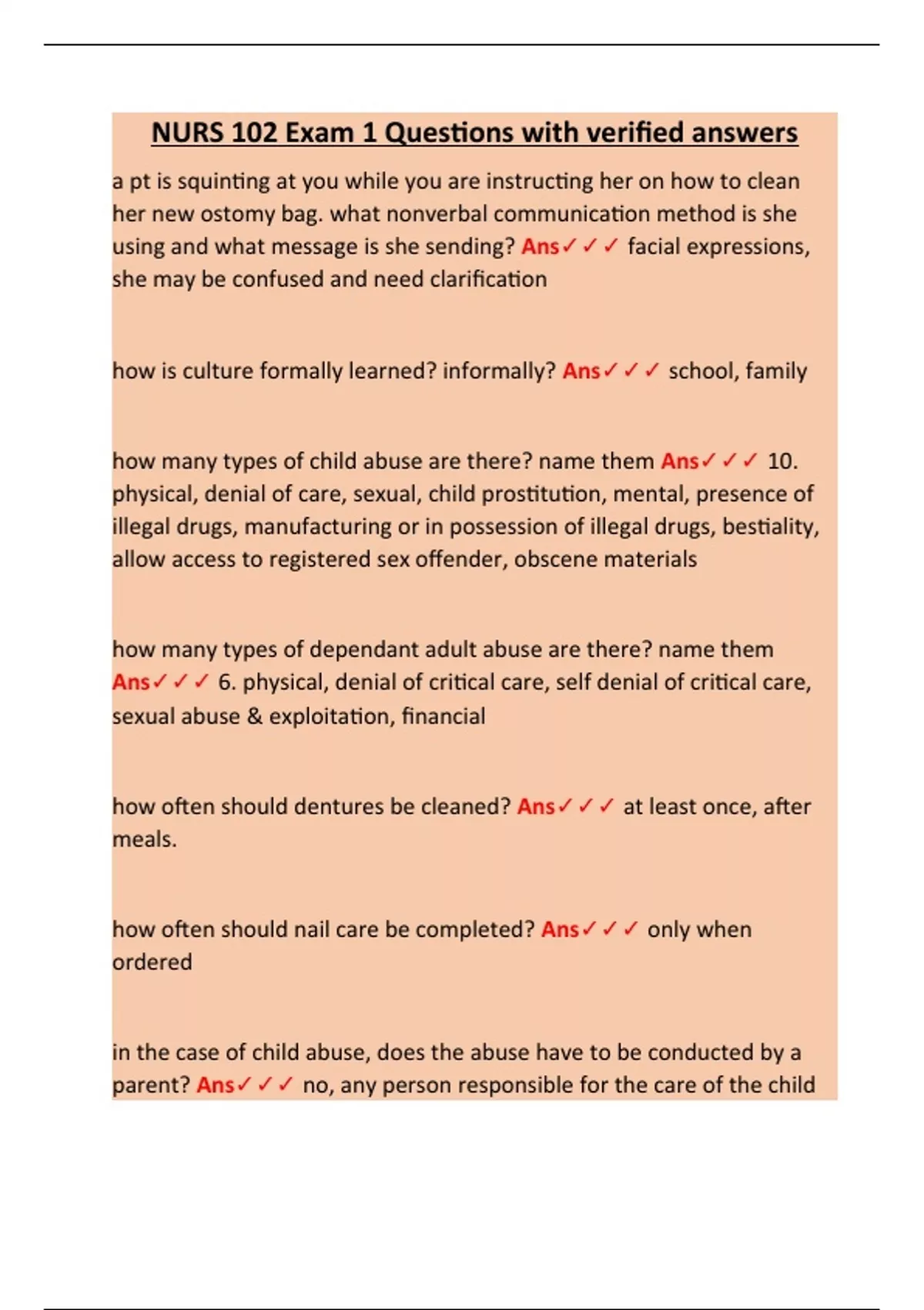 NURS 102 Exam 1 Questions with verified answers - RN nursing - Stuvia US