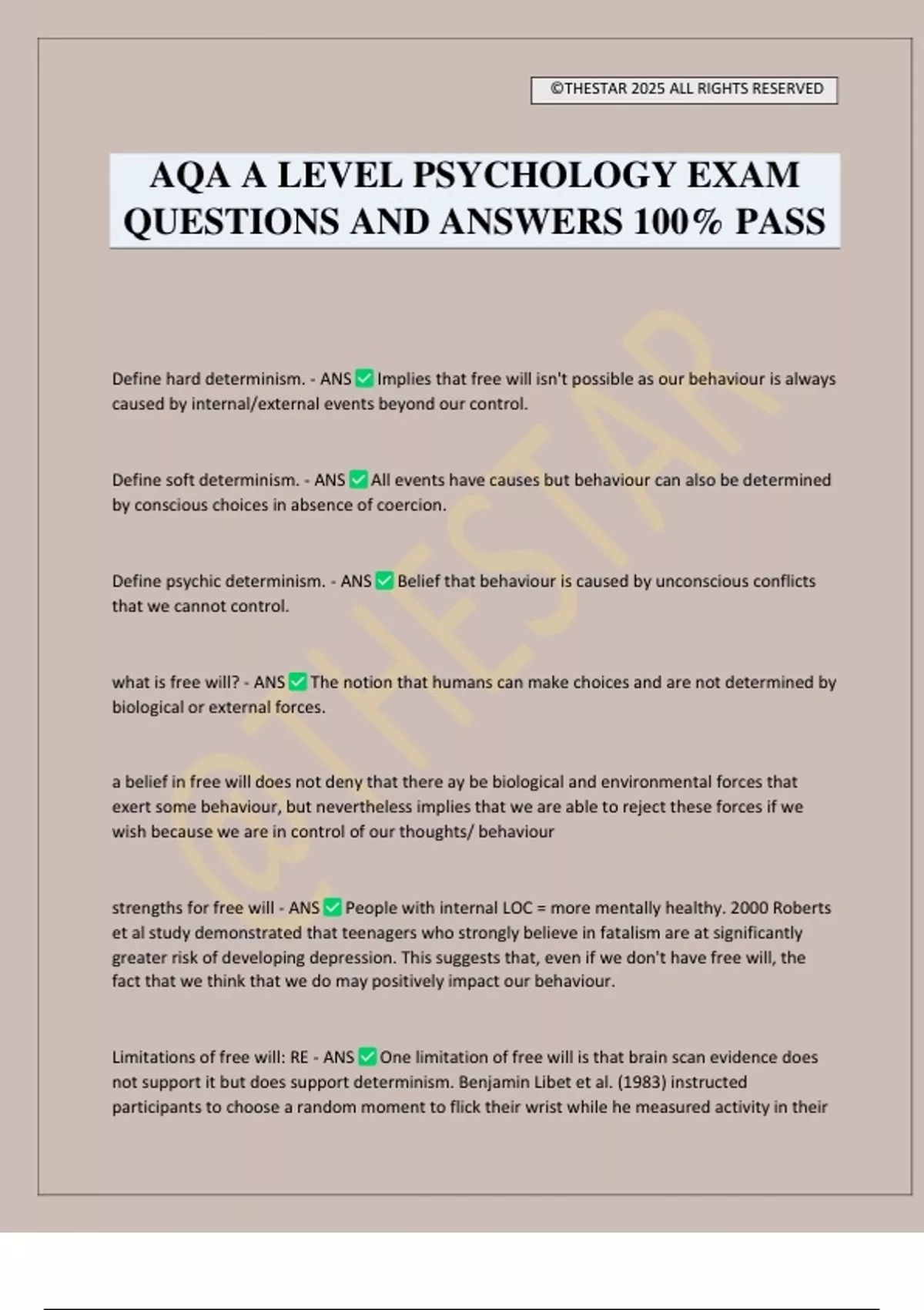 AQA A LEVEL PSYCHOLOGY EXAM QUESTIONS AND ANSWERS 100% PASS - AQA A ...