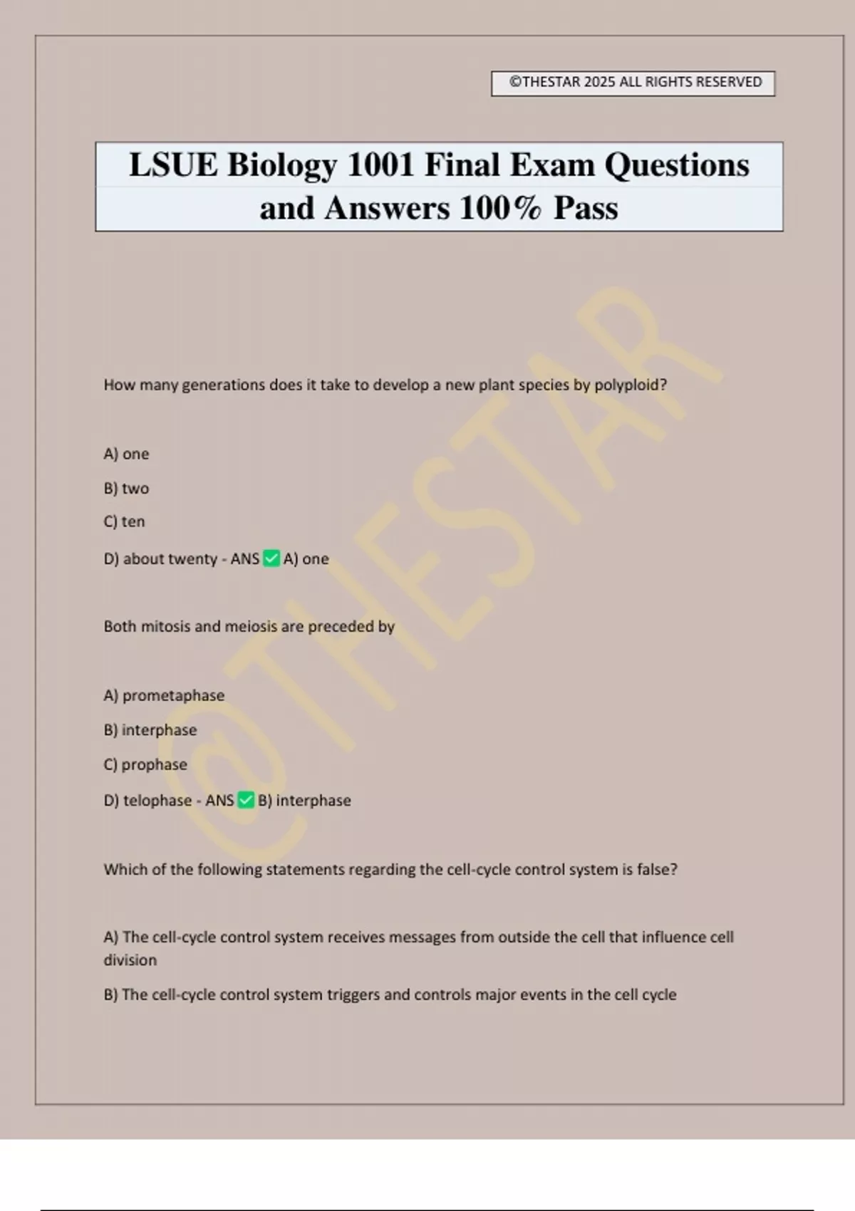 LSUE Biology 1001 Final Exam Questions and Answers 100% Pass - Biology ...