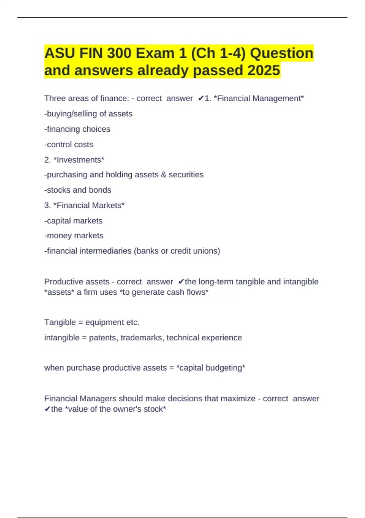 ASU FIN 300 Exam 1 (Ch 1-4) Question and answers already passed 2025 ...
