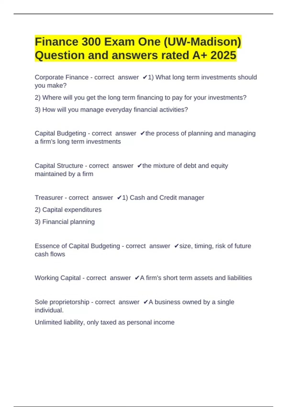 Finance 300 Exam One (UW-Madison) Question and answers rated A+ 2025 ...