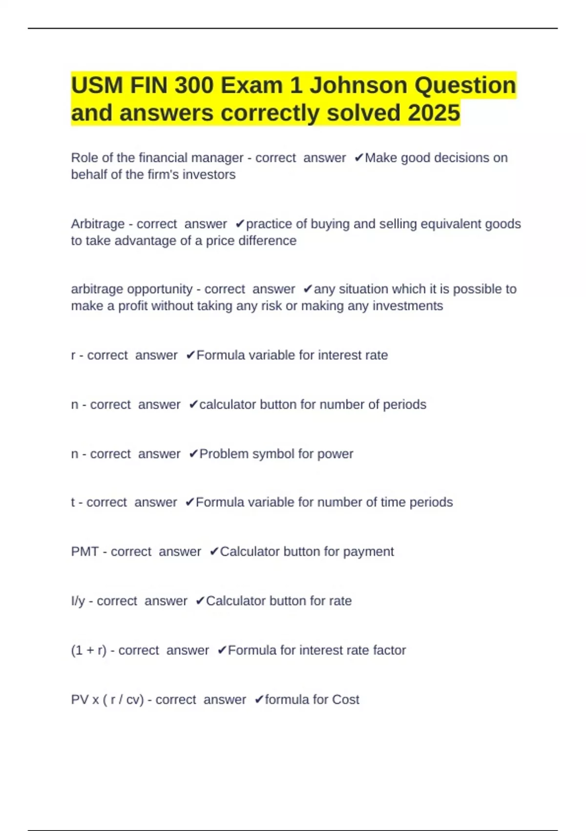 USM FIN 300 Exam 1 Johnson Question and answers correctly solved 2025 ...