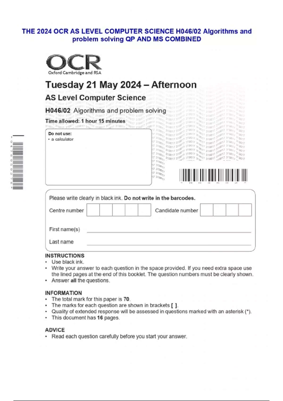 THE 2024 OCR AS LEVEL COMPUTER SCIENCE H046/02 Algorithms and problem ...