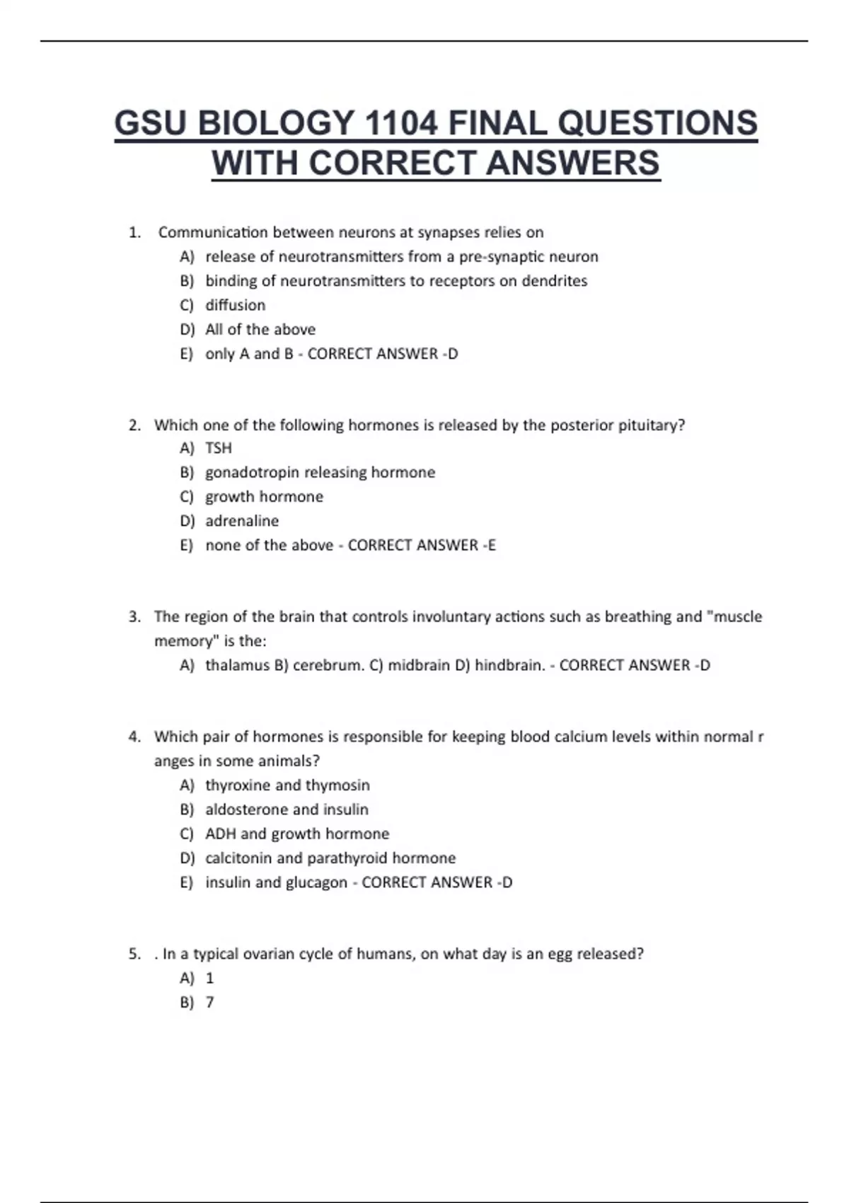 GSU BIOLOGY 1104 FINAL QUESTIONS WITH CORRECT ANSWERS Biol 1104
