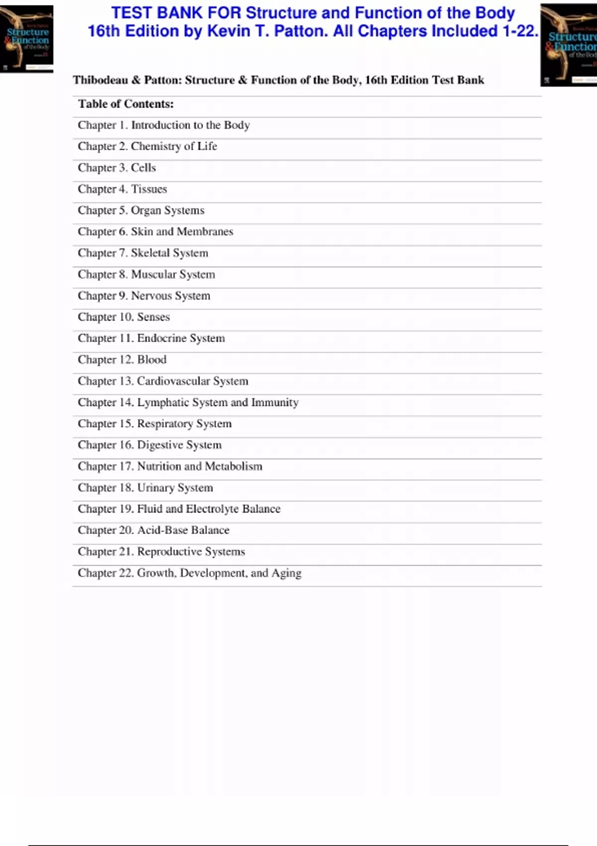 Body Function Test TEST BANK FOR Structure and Function of the Body 16th Edition by Kevin ...
