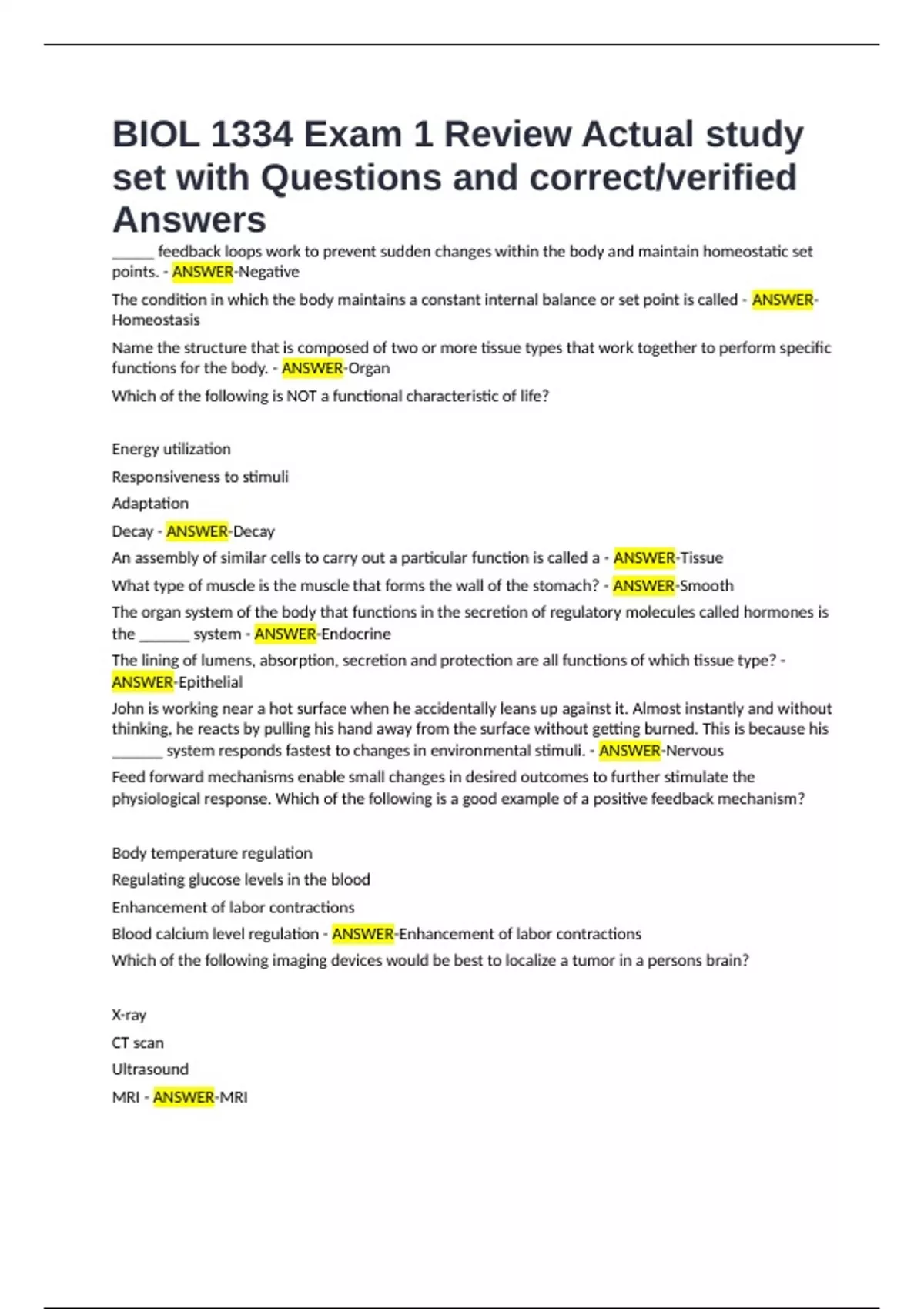 BIOL 1334 Exam 1 Review Actual study set with Questions and correct ...