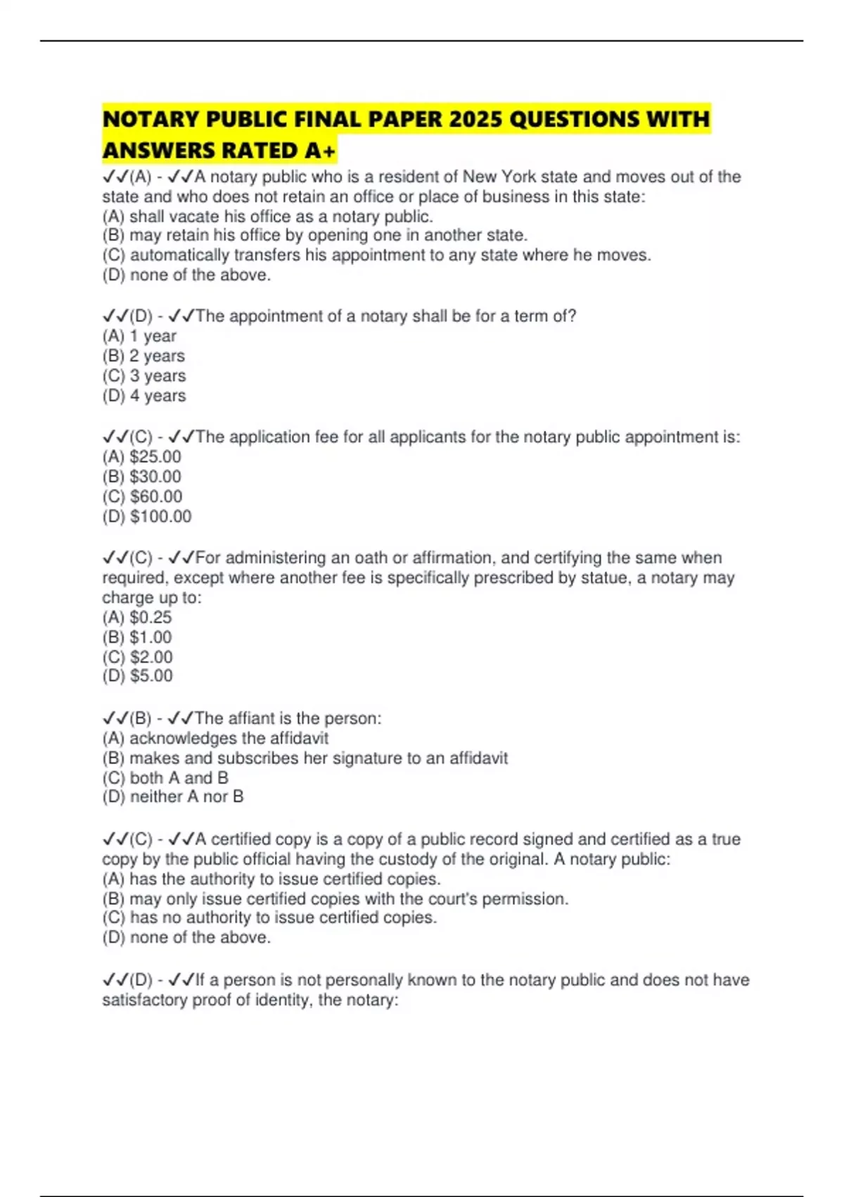 Notri Paper NOTARY PUBLIC FINAL PAPER 2025 QUESTIONS WITH ANSWERS RATED A+ - Notary ...