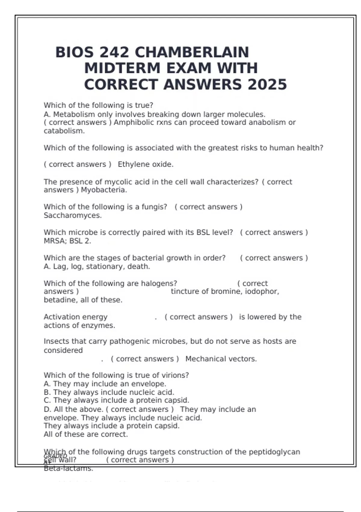 BIOS 242 CHAMBERLAIN MIDTERM EXAM WITH CORRECT ANSWERS 2025 - BIOS 242 ...