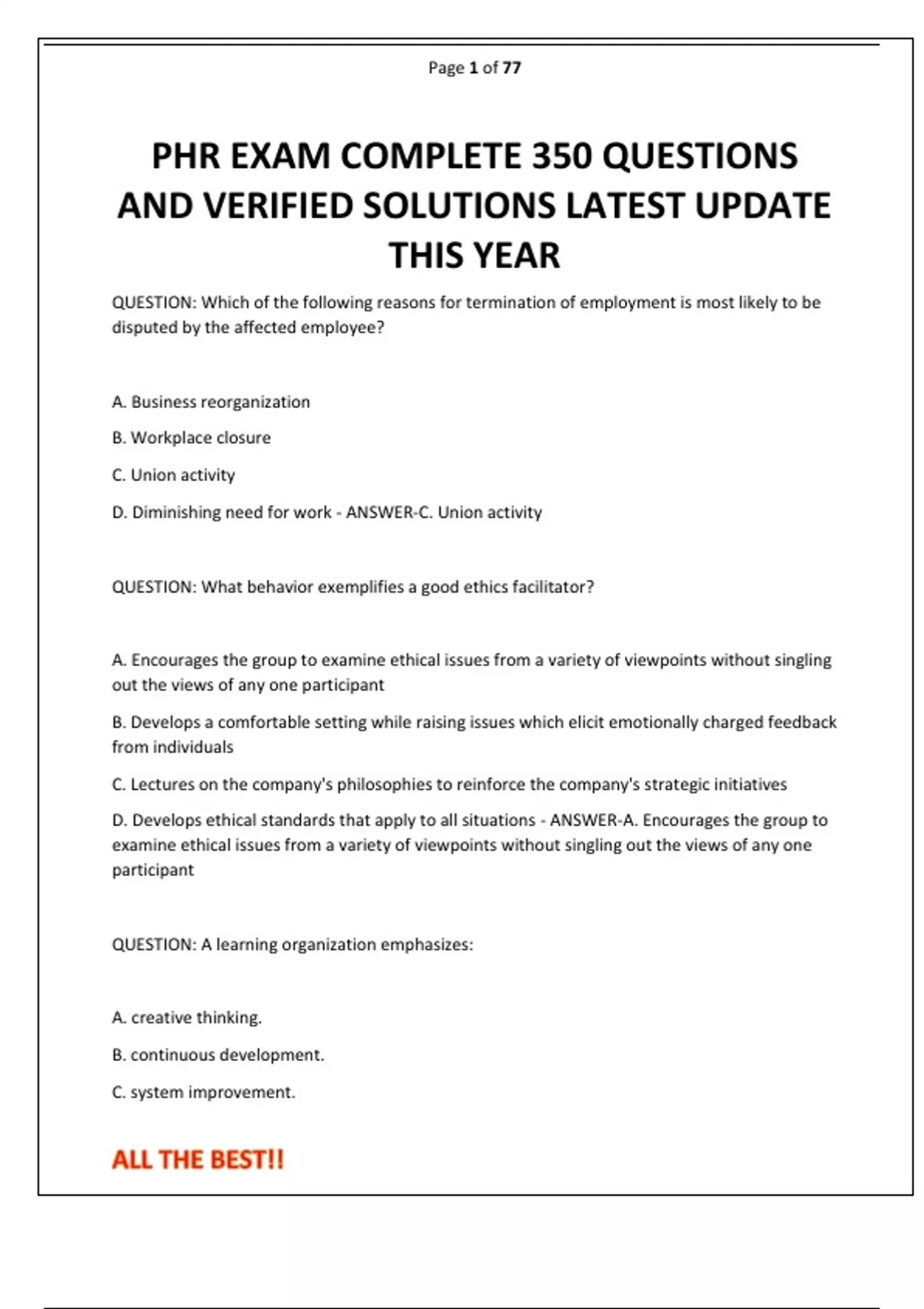 Phr Example Questions PHR EXAM COMPLETE 350 QUESTIONS AND VERIFIED SOLUTIONS LATEST UPDATE ...