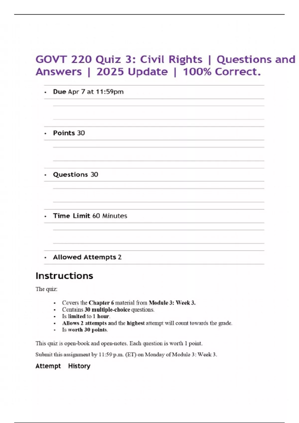 GOVT 220 Quiz 3: Civil Rights | Questions and Answers | 2025 Update ...