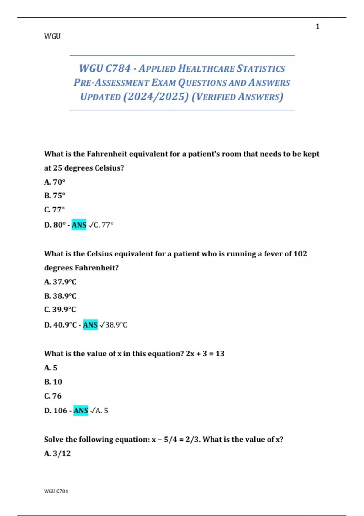 WGU C784 - APPLIED HEALTHCARE STATISTICS PRE- ASSESSMENT EXAM QUESTIONS ...