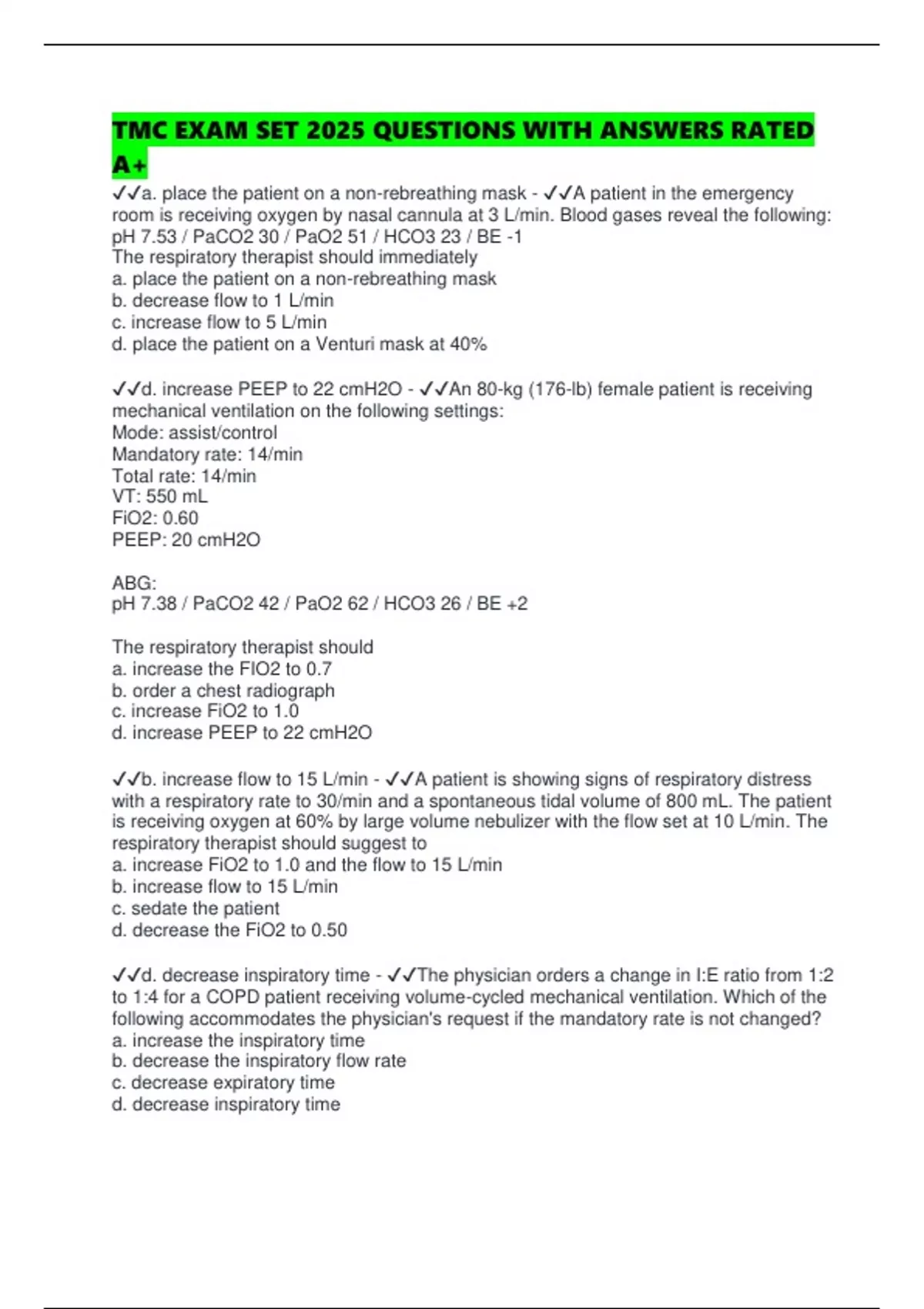 TMC EXAM SET 2025 QUESTIONS WITH ANSWERS RATED A+ - TMC - Stuvia US