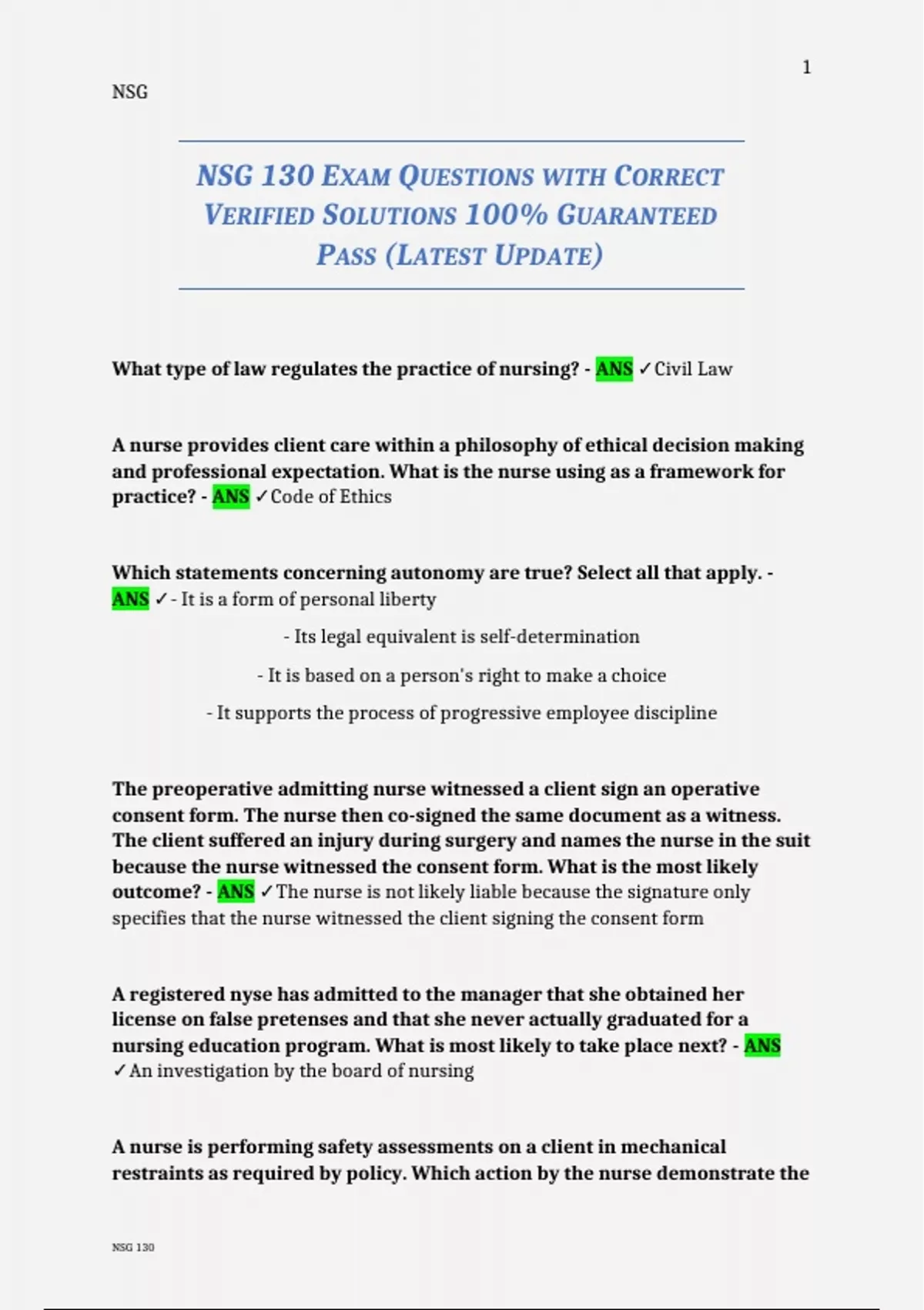 NSG 130 EXAM QUESTIONS WITH CORRECT VERIFIED SOLUTIONS 100% GUARANTEED ...