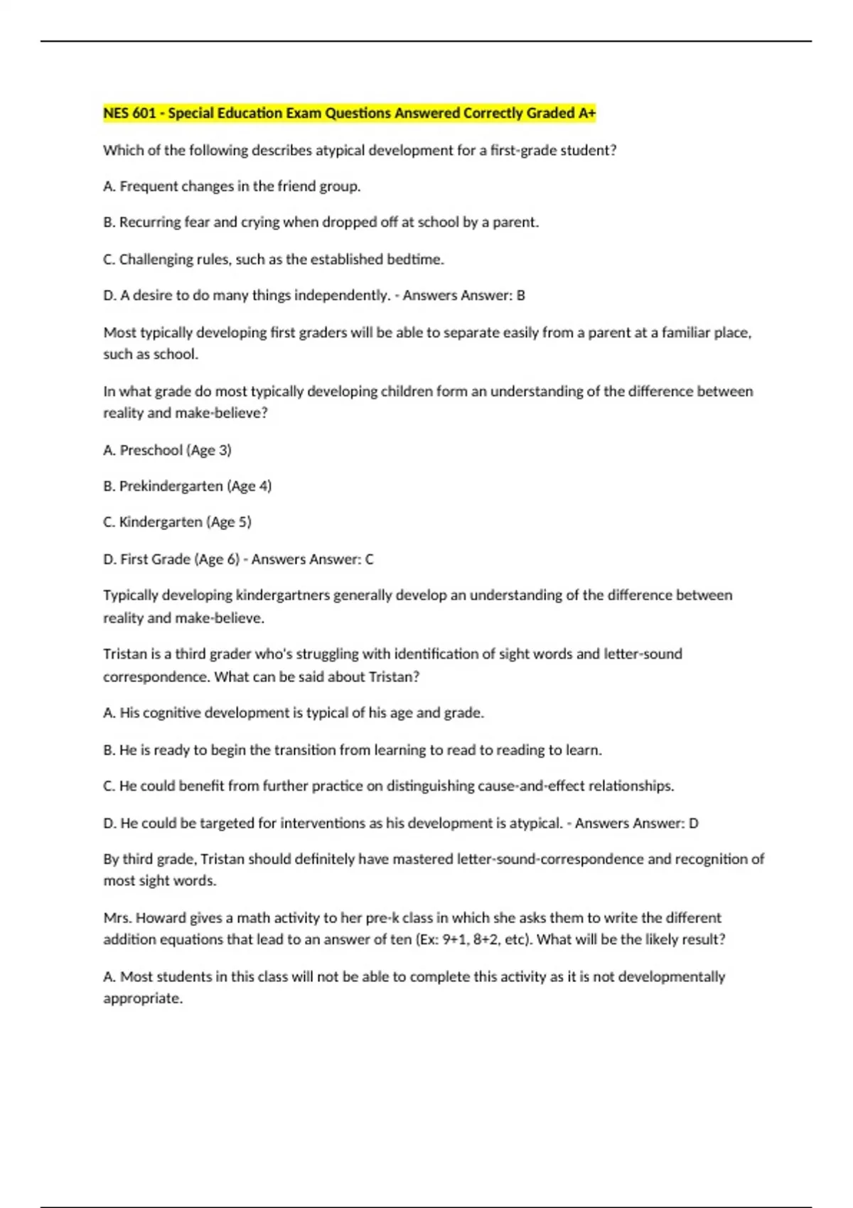 NES 601 - Special Education Exam Questions Answered Correctly Graded A+ ...