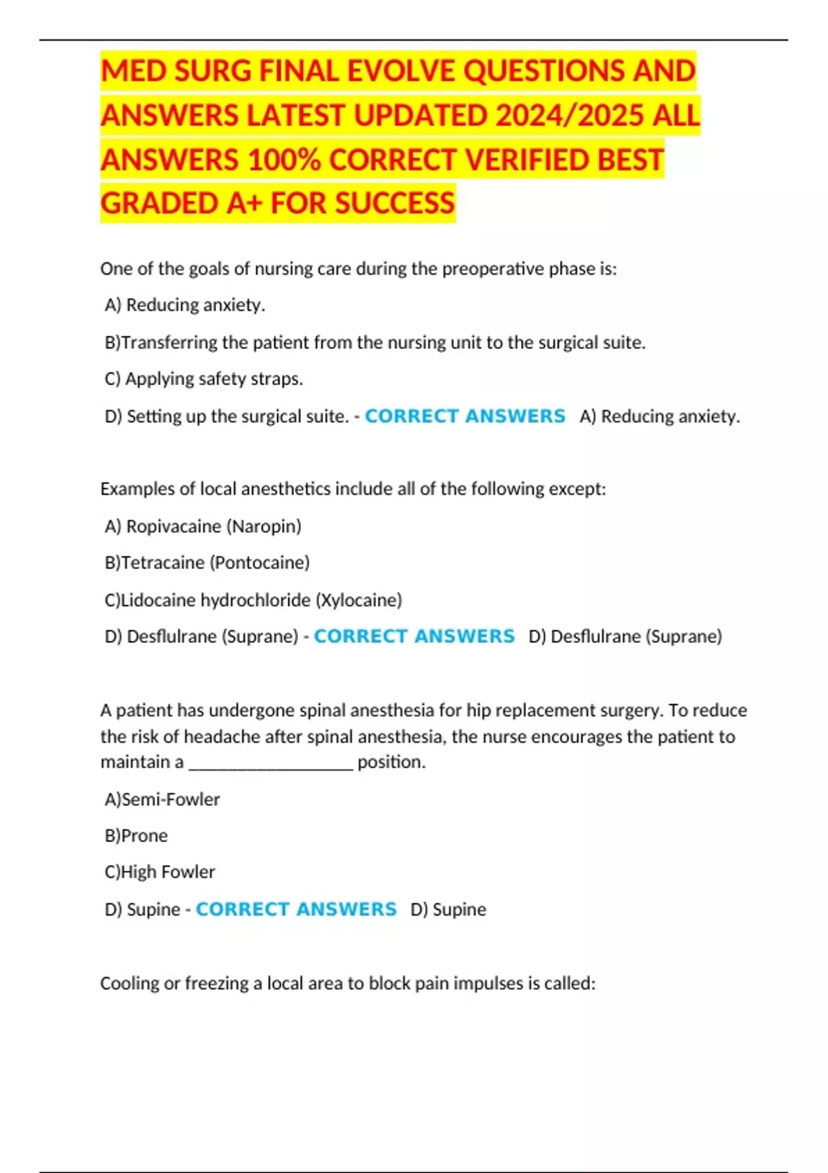 MED SURG FINAL EVOLVE QUESTIONS AND ANSWERS LATEST UPDATED 2024/2025 ...