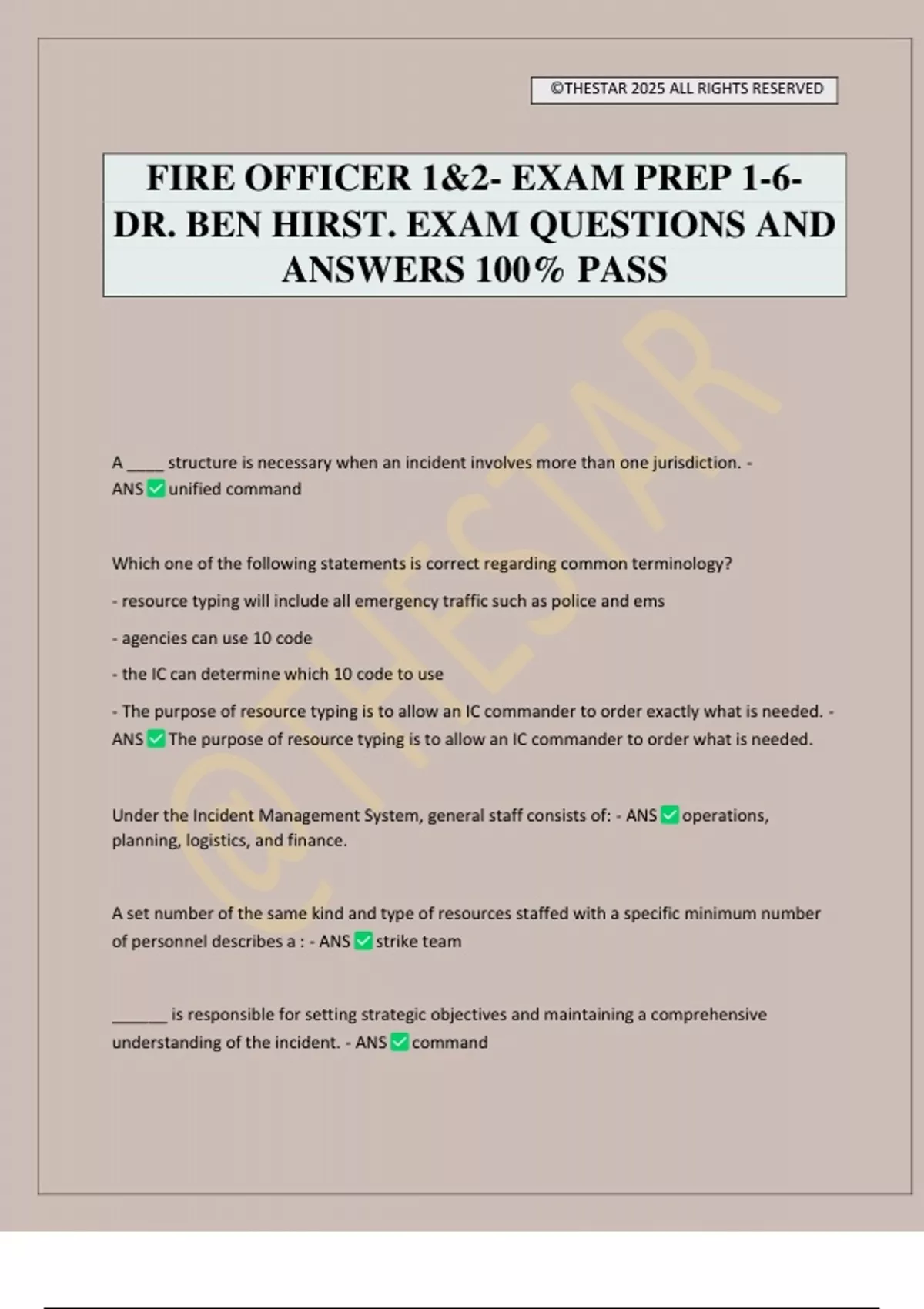 FIRE OFFICER 1&2- EXAM PREP 1-6- DR. BEN HIRST. EXAM QUESTIONS AND ANSWERS 100% PASS - Fire ...