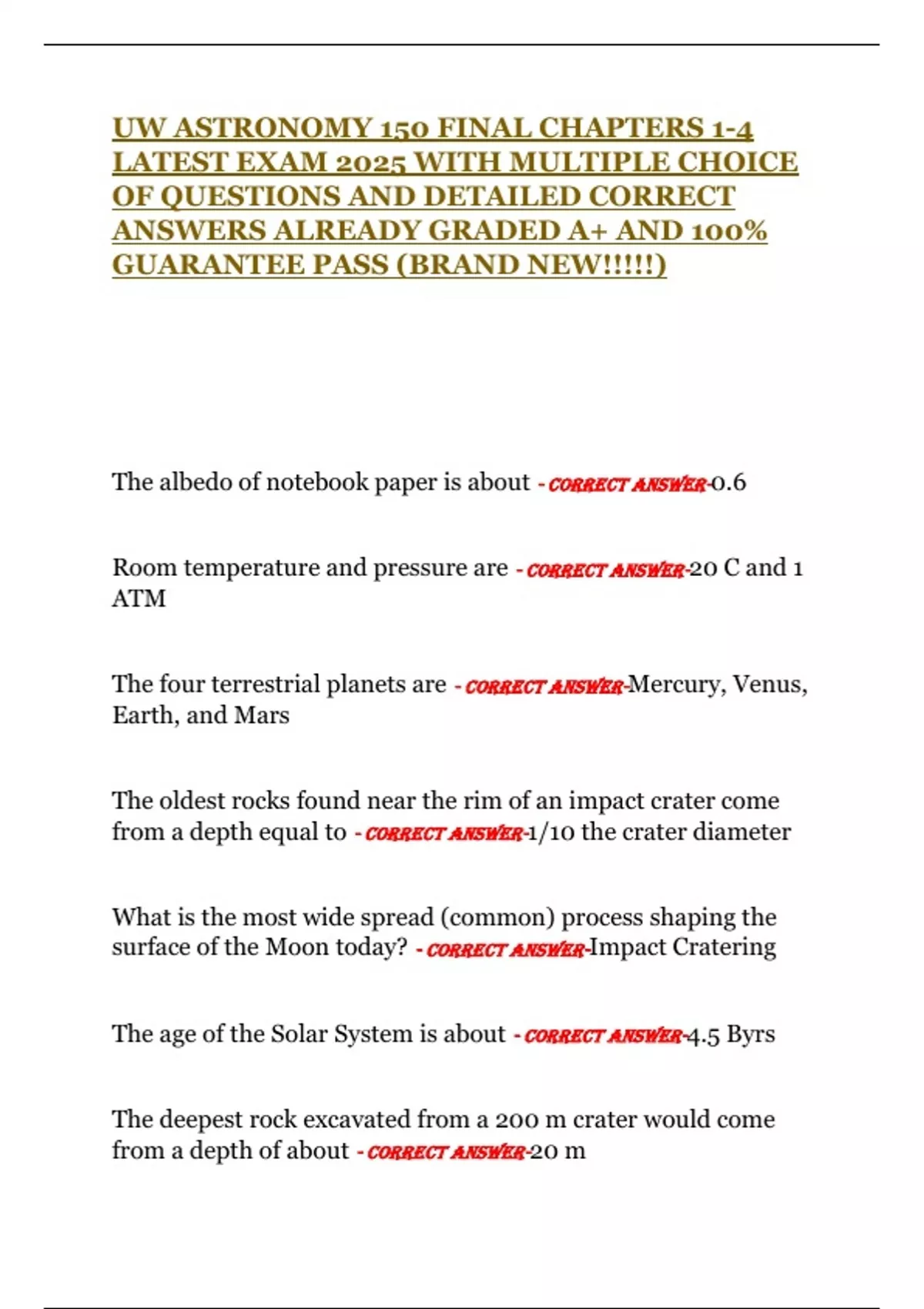 UW ASTRONOMY 150 FINAL CHAPTERS 1-4 LATEST EXAM 2025 WITH MULTIPLE ...