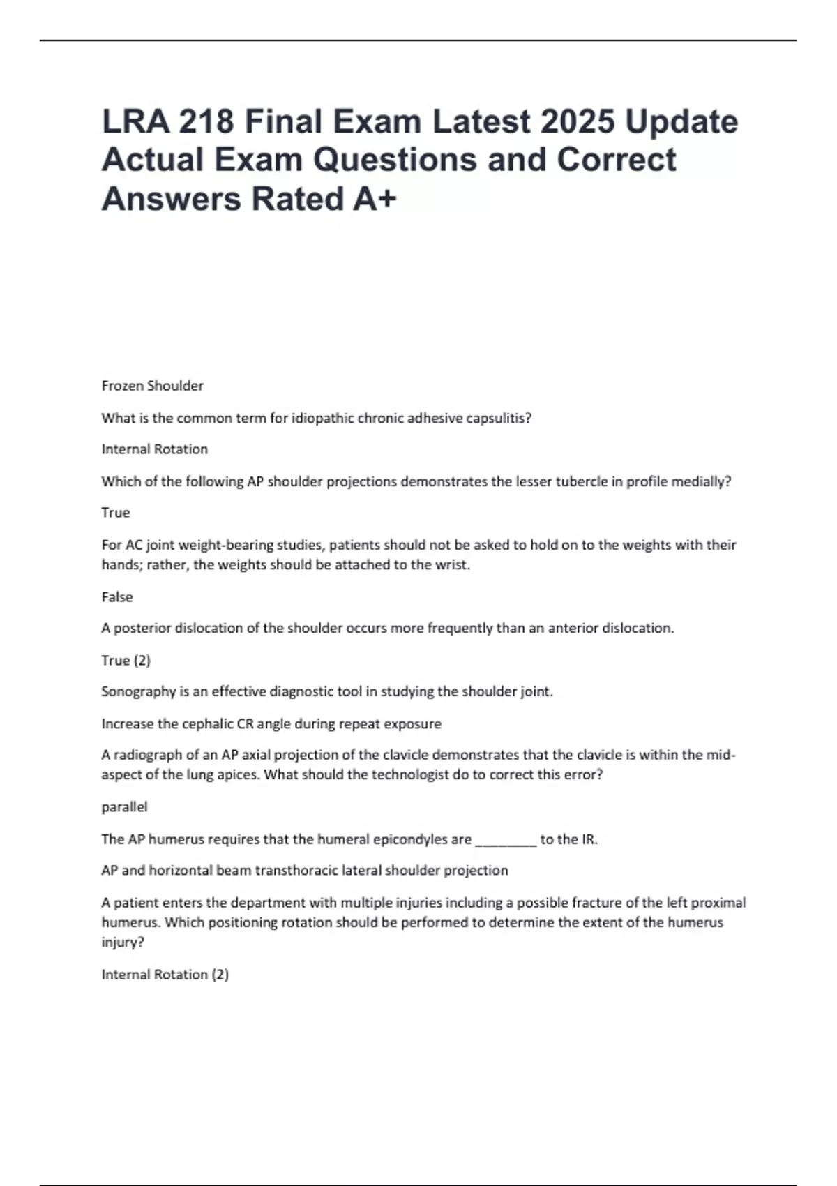 LRA 218 Final Exam Latest 2025 Update Actual Exam Questions and Correct ...