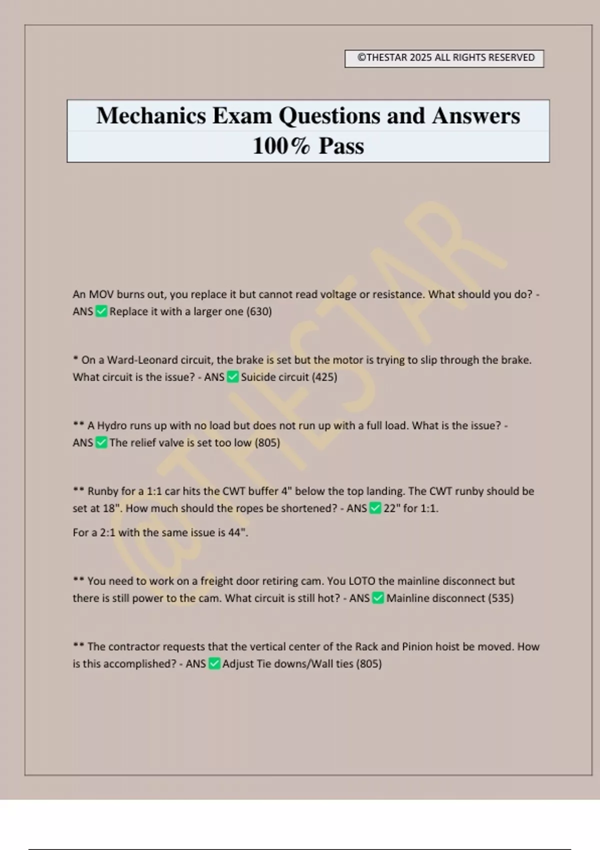 Mechanic Question Generator Mechanics Exam Questions and Answers 100% Pass - Mechanics - Stuvia US
