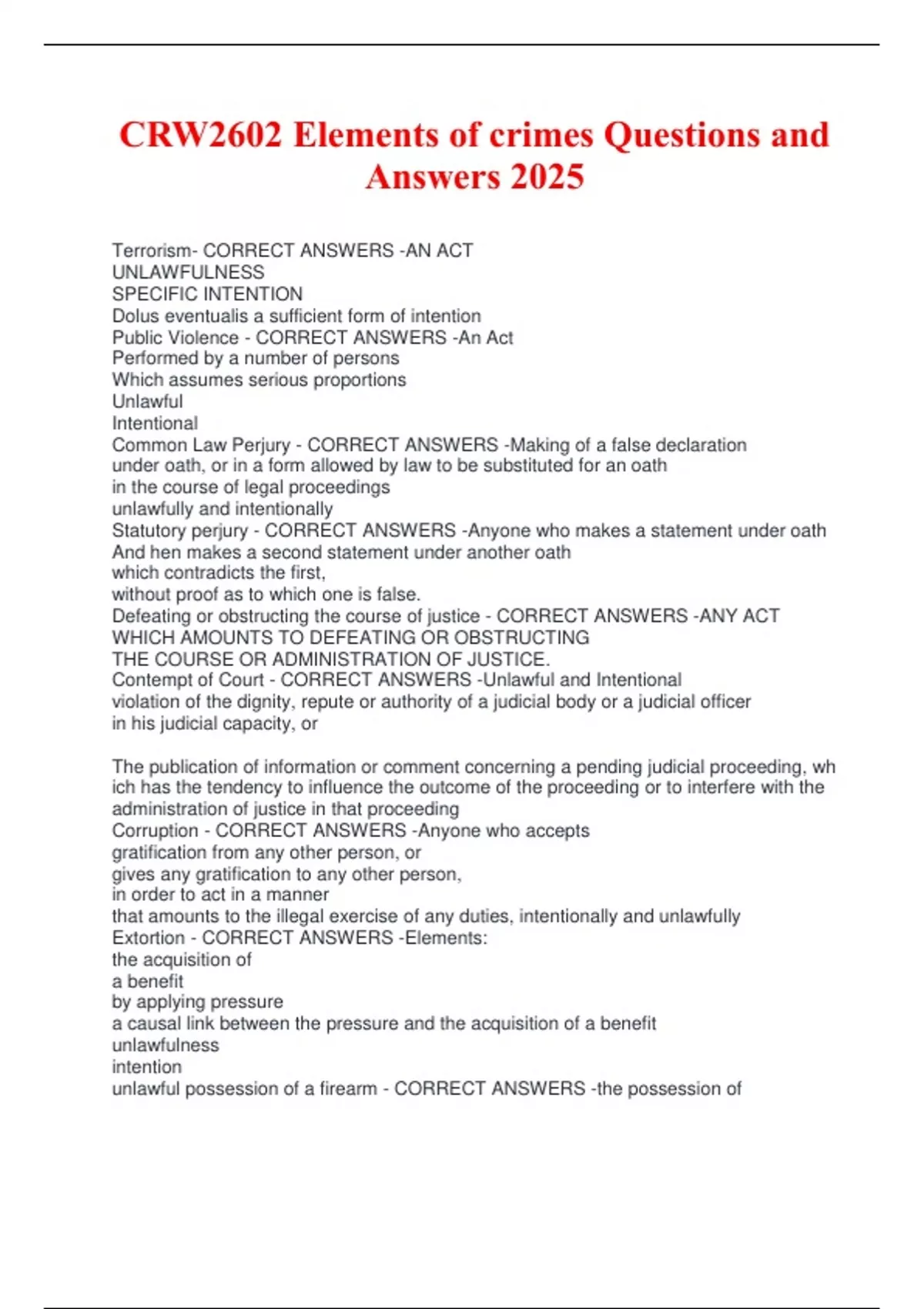 CRW2602 Elements of crimes Questions and Answers 2025 - CRW2602 - Stuvia US