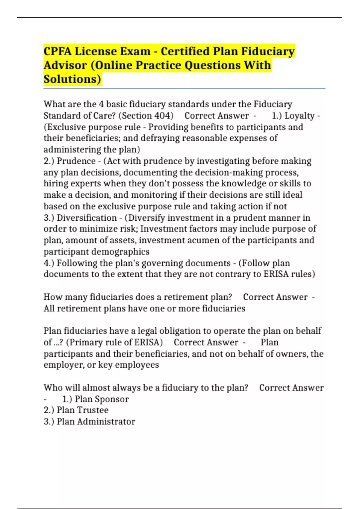 Cpfa CPFA License Exam - Certified Plan Fiduciary Advisor (Online Practice ...