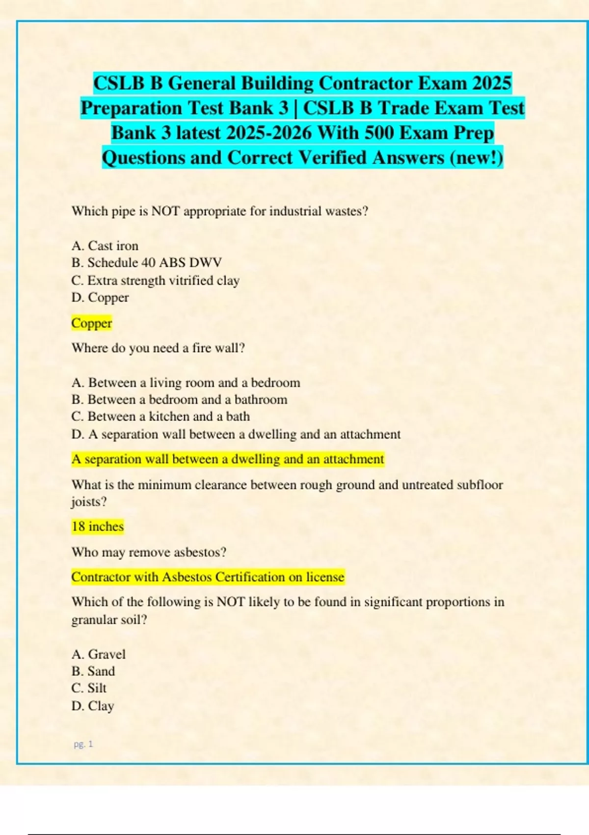 General Contractor CSLB B Trade Exam Test Banks 1, 2 & 3 Bundle latest ...