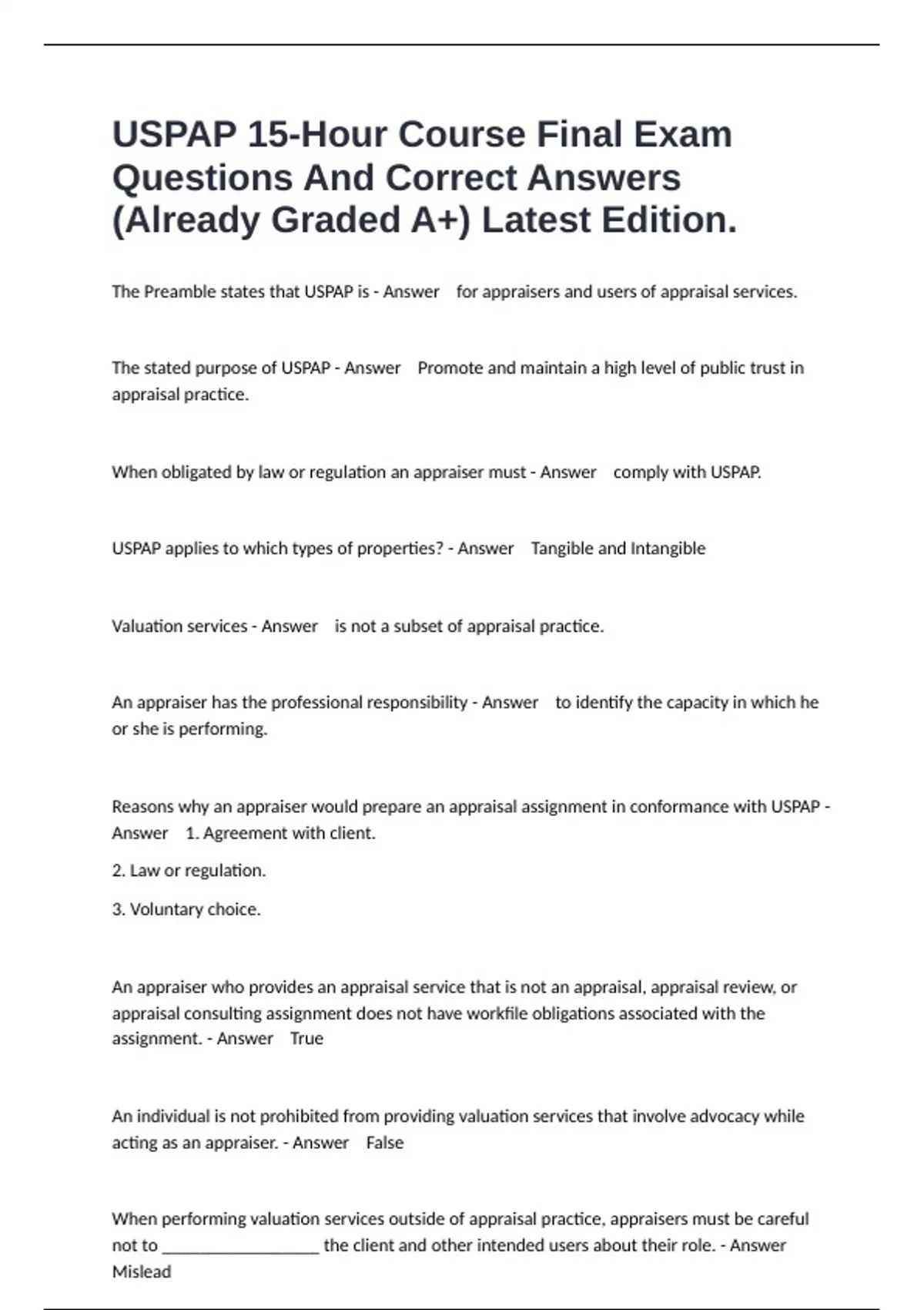 USPAP 15-Hour Course Final Exam Questions And Correct Answers (Already Graded A+) Latest Edition ...