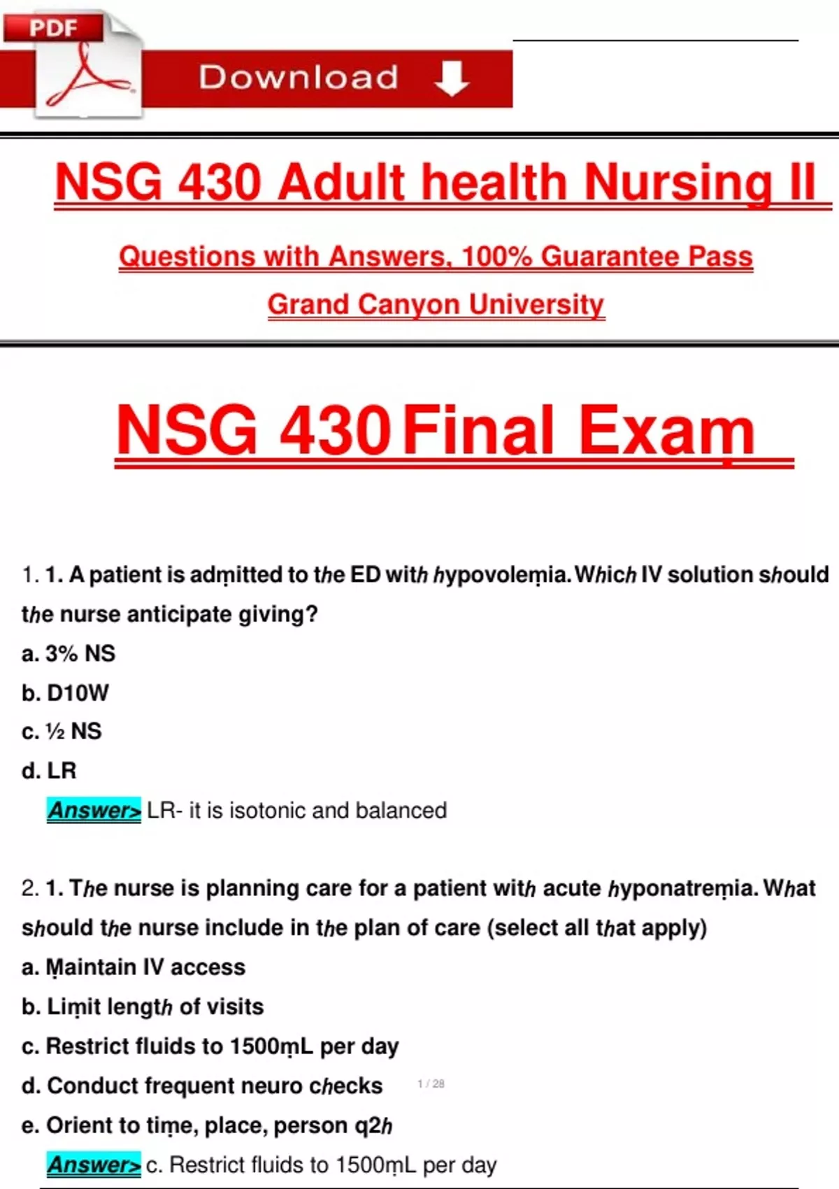 NSG 430 Adult Health Nursing II: Final Exam Test Questions with ...