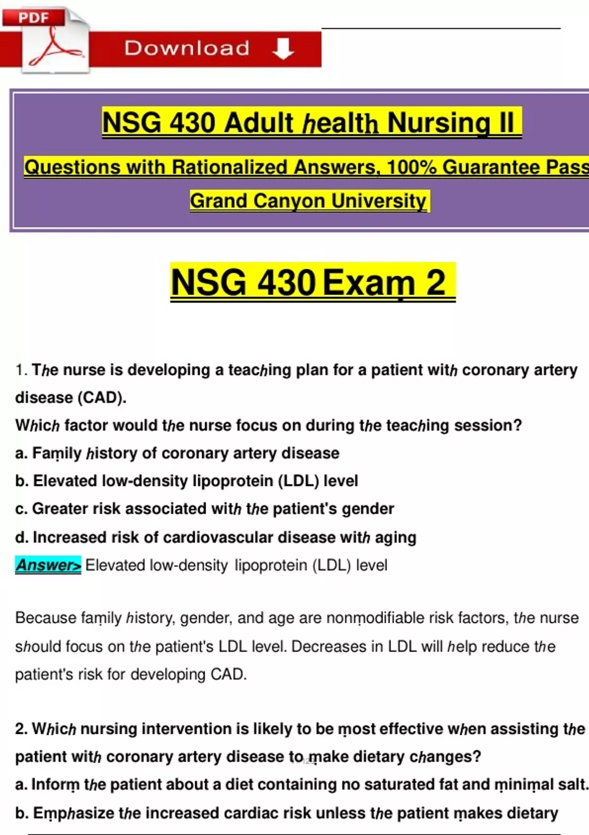 NSG 430 Adult Health Nursing II: Exam 2 Test Questions with Verified ...