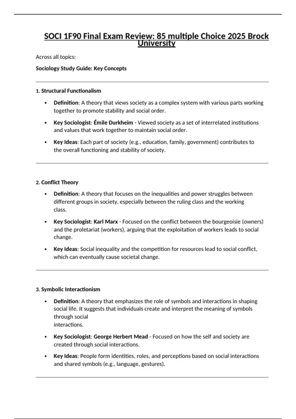 SOCI 1F90 Final Exam Review: 85 multiple Choice 2025 Brock University ...