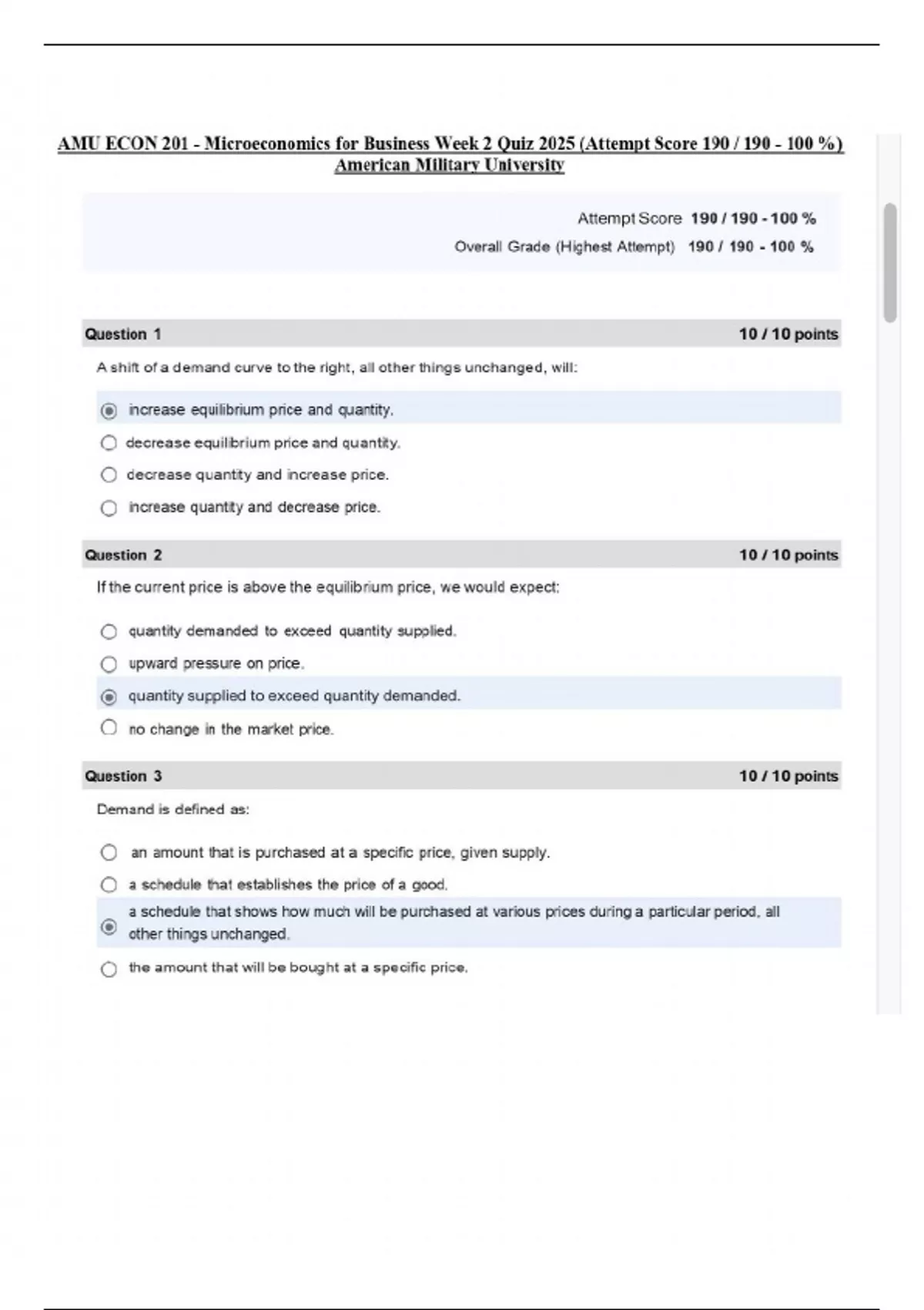 AMU ECON 201 - Microeconomics for Business Week 2 Quiz 2025 (Attempt ...
