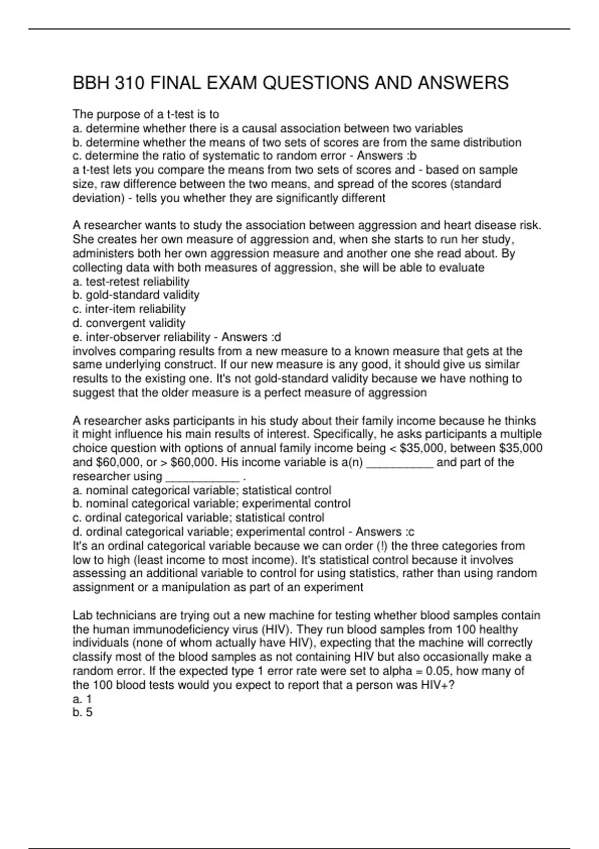 BBH 310 FINAL EXAM QUESTIONS AND ANSWERS - BBH 310 - Stuvia US