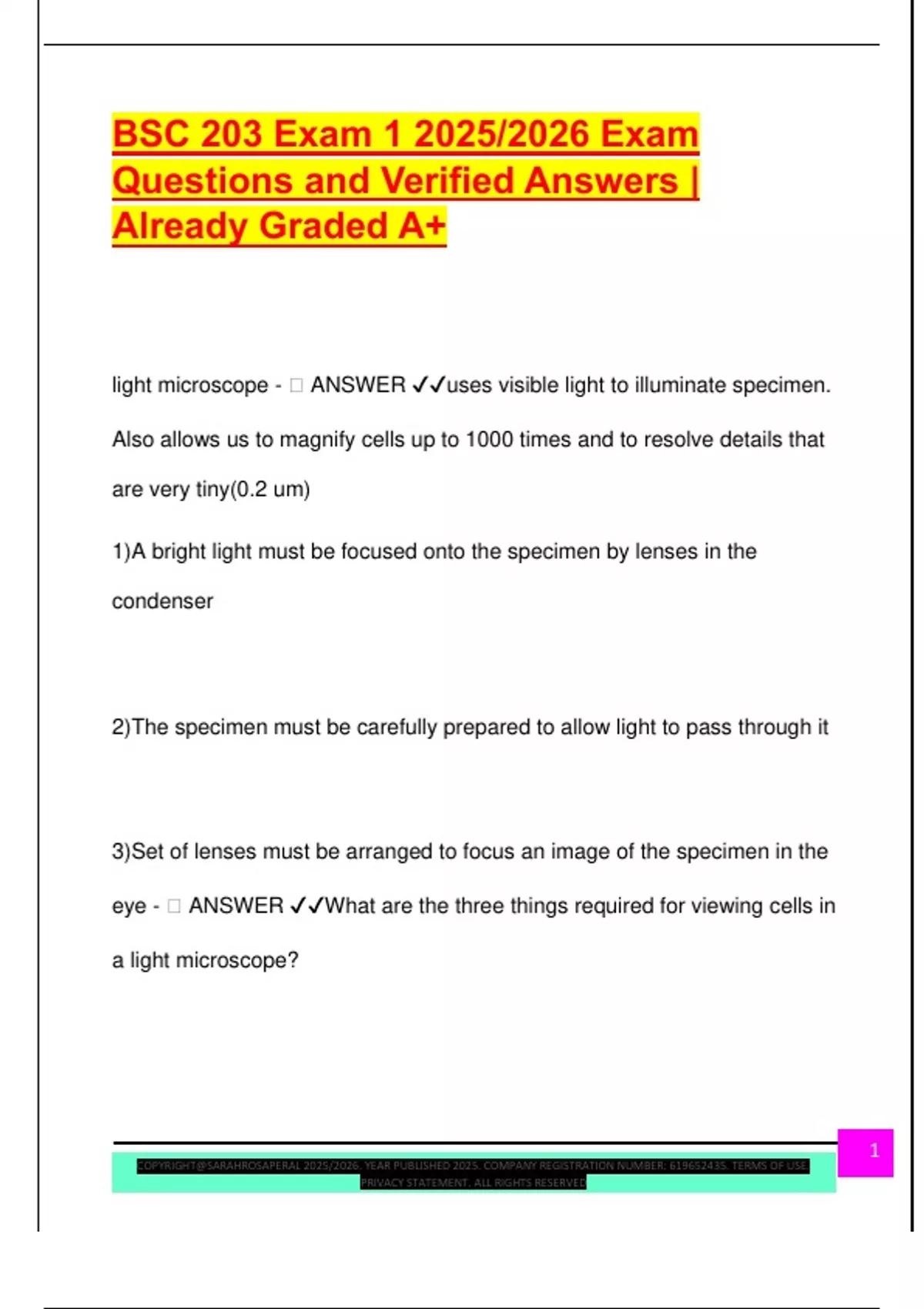 BSC 203 Exam 1 2025/2026 Exam Questions and Verified Answers | Already ...