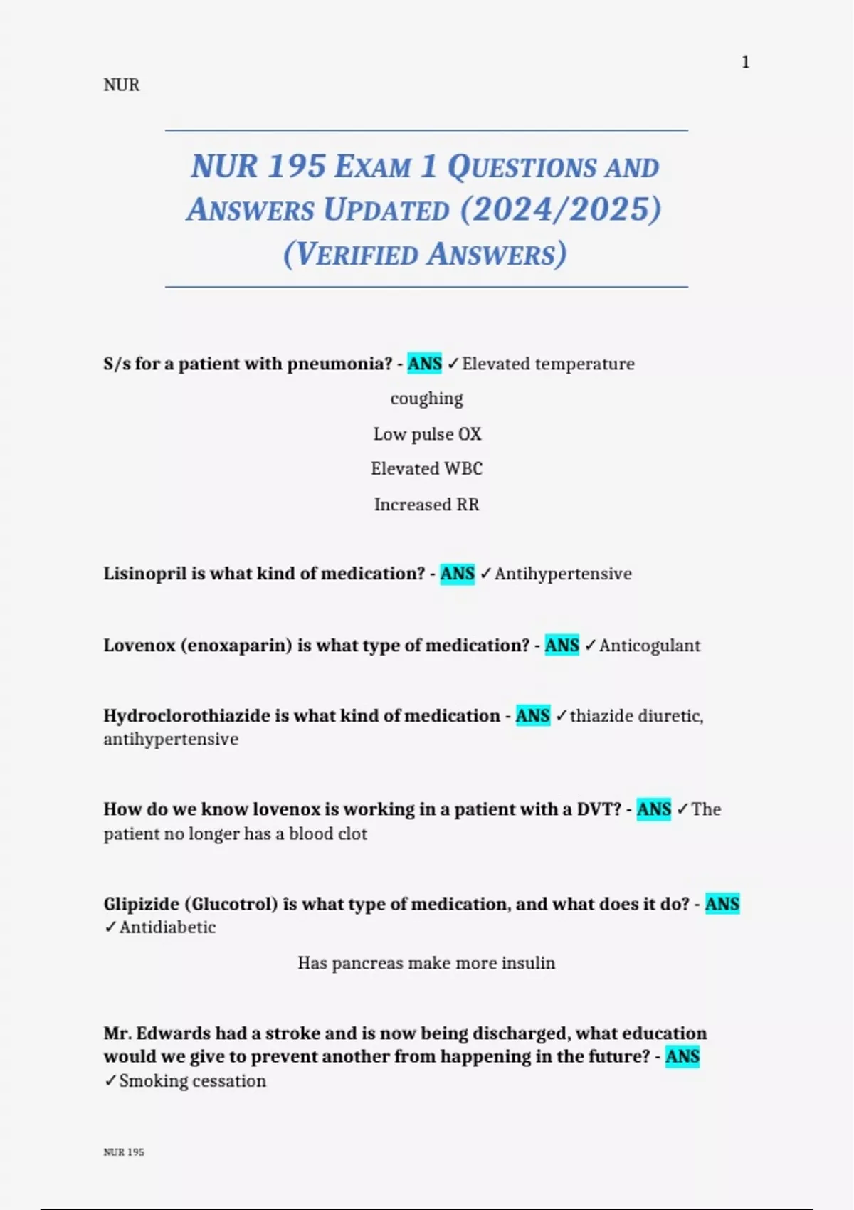 NUR 195 EXAM 1 QUESTIONS AND ANSWERS UPDATED (2024/2025) (VERIFIED ...