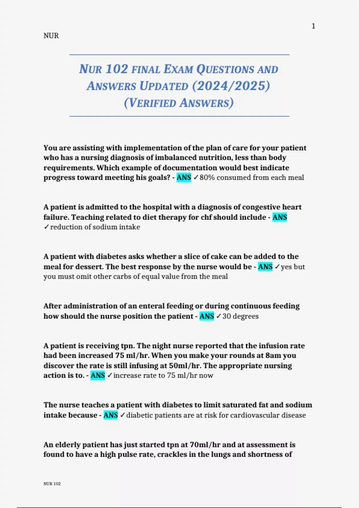 NUR 102 FINAL EXAM QUESTIONS AND ANSWERS UPDATED (2024/2025) (VERIFIED ...