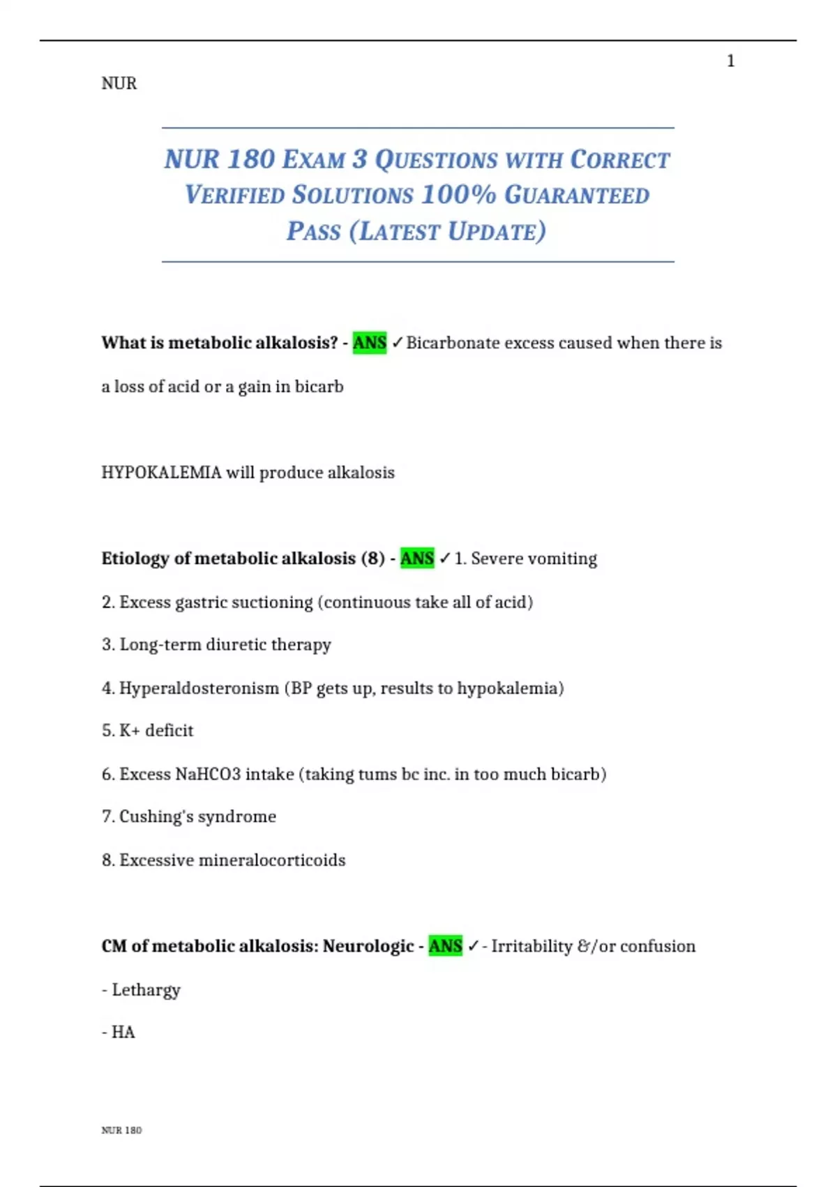 NUR 180 EXAM 3 QUESTIONS WITH CORRECT VERIFIED SOLUTIONS 100% ...