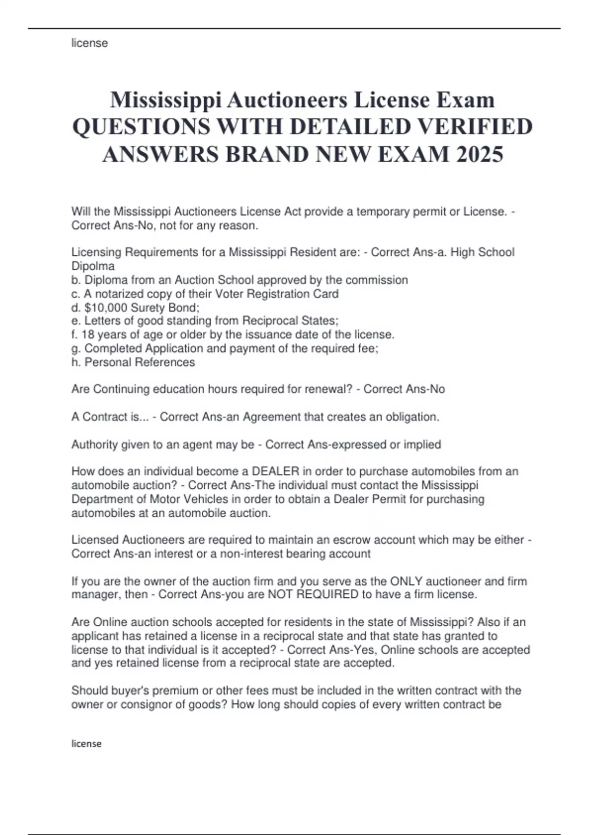Mississippi Auctioneers License Exam 2025 COMPREHENSIVE EXAM QUESTIONS ...