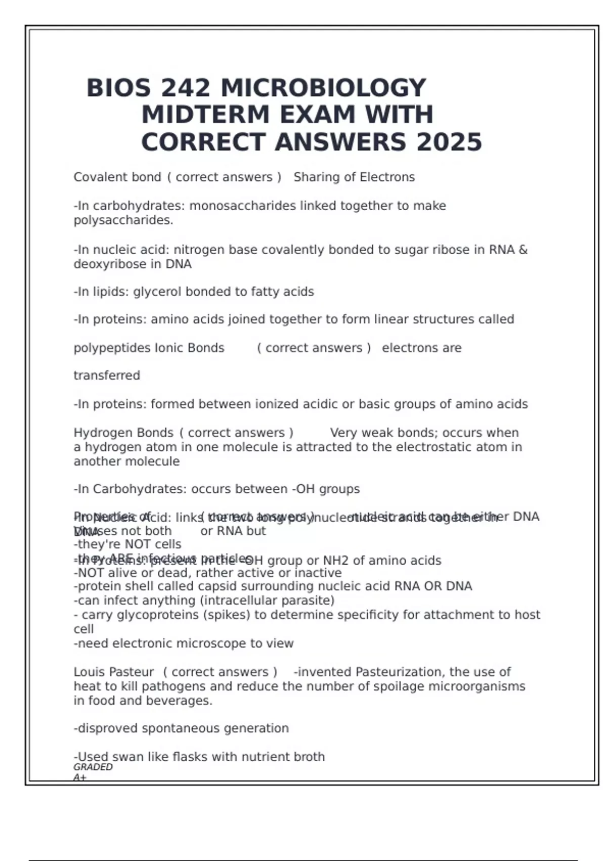 BIOS 242 MICROBIOLOGY MIDTERM EXAM WITH CORRECT ANSWERS 2025 - BIOS 242 ...