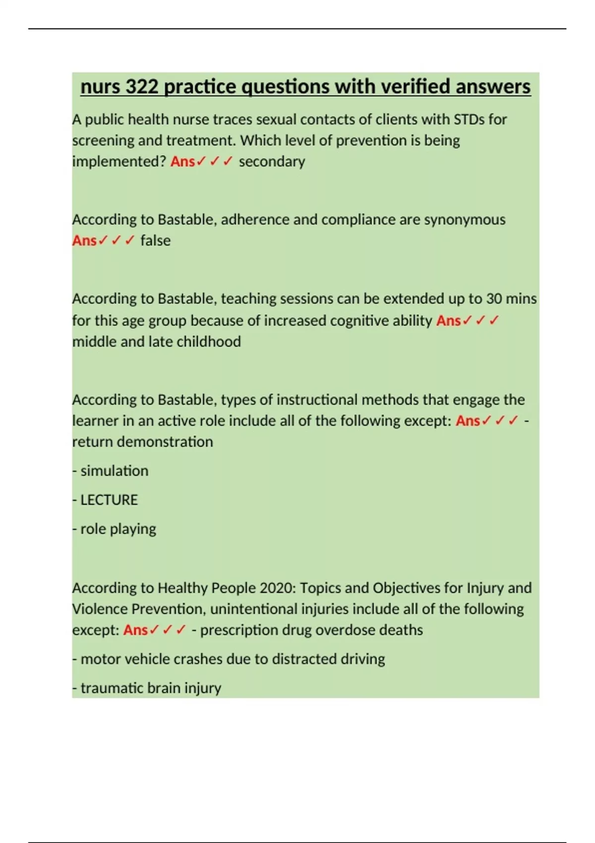 nurs 322 practice questions with verified answers - RN- Nursing - Stuvia US