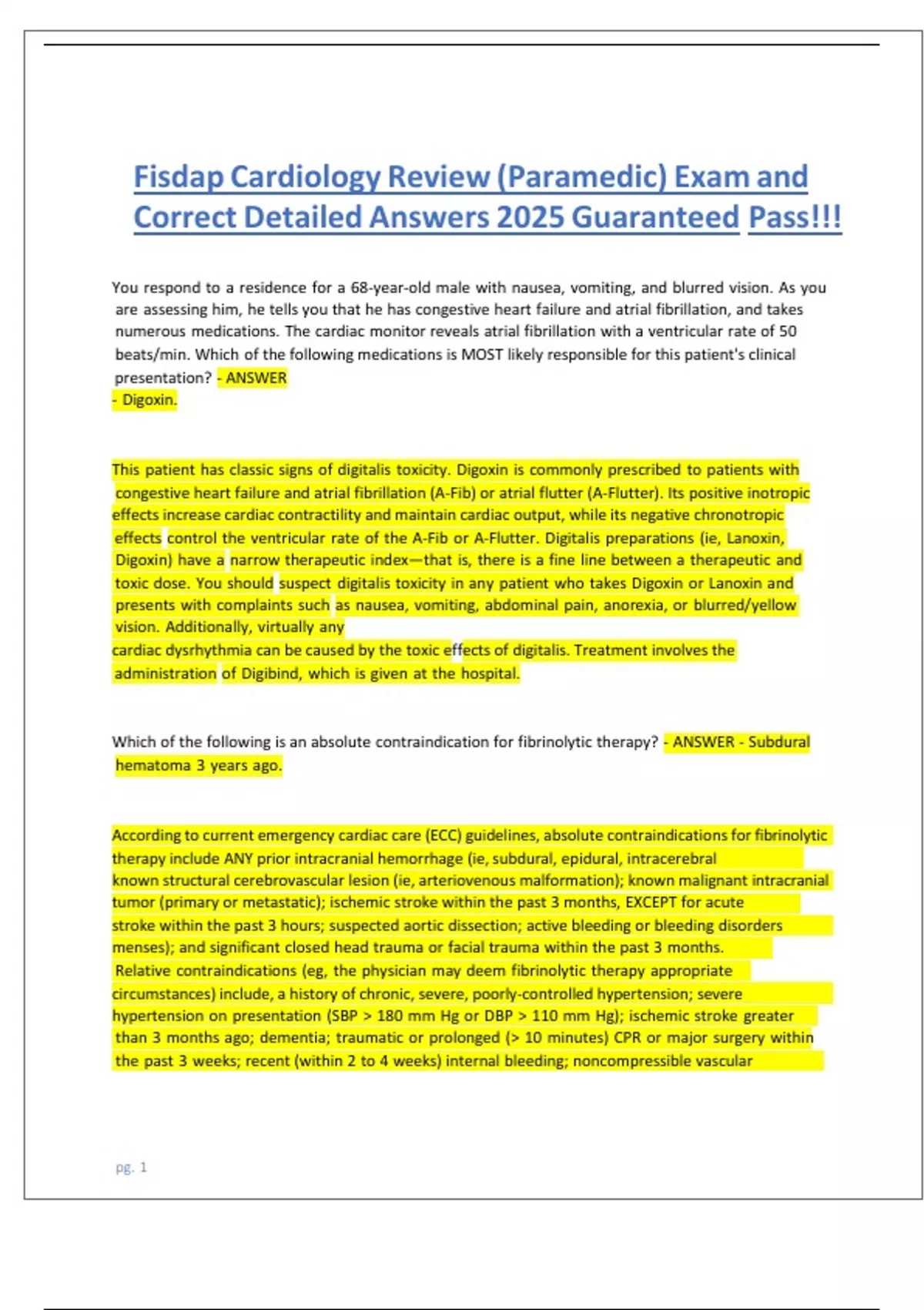 Fisdap Cardiology Review (Paramedic) Exam and Correct Detailed Answers ...